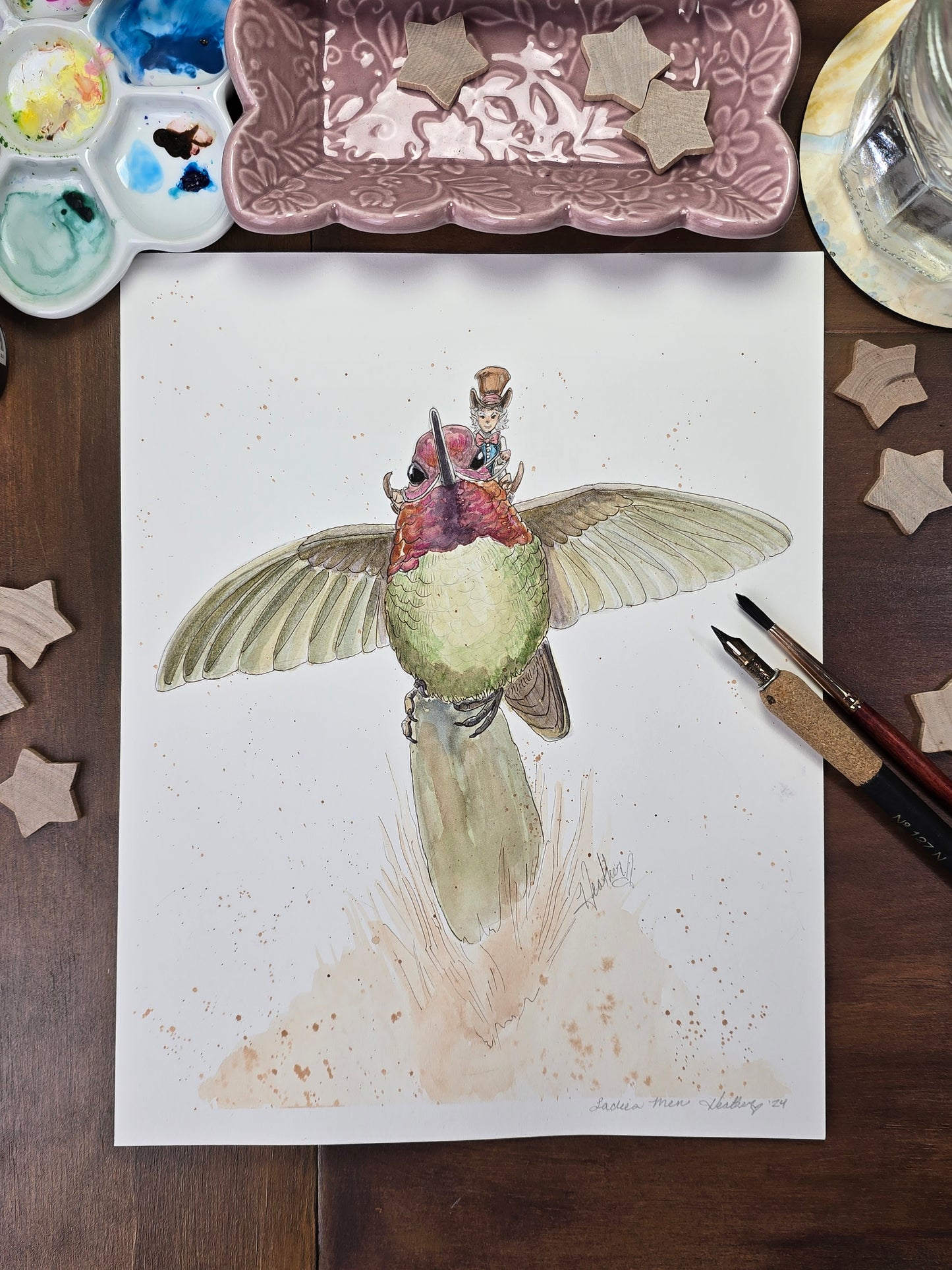Ladies' Men" - Original Watercolor & Ink, Fairycore Style Art, Hummingbird Art, Whimsical, 11x14