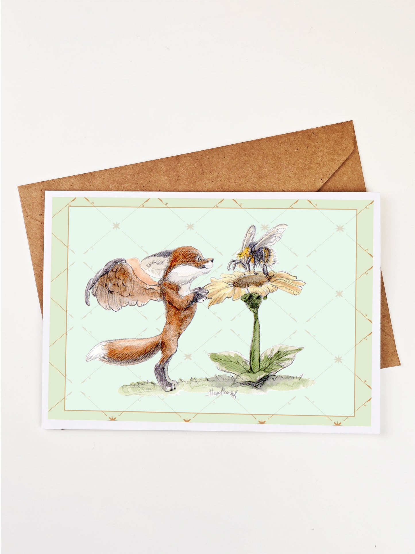 Winged Fox Kit & Bumblebee Sunflower Greeting Card - Nature Friendship Art
