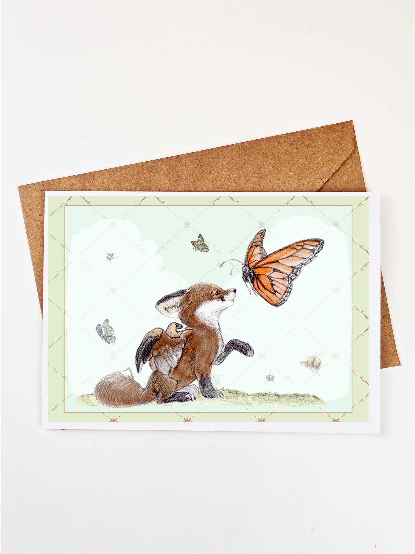 Winged Fox & Monarch Greeting Card - Watercolor Friendship, Nature Art, Whimsical Fantasy Art, 5x7 Fantasy Art Card, Pen Pal Gift