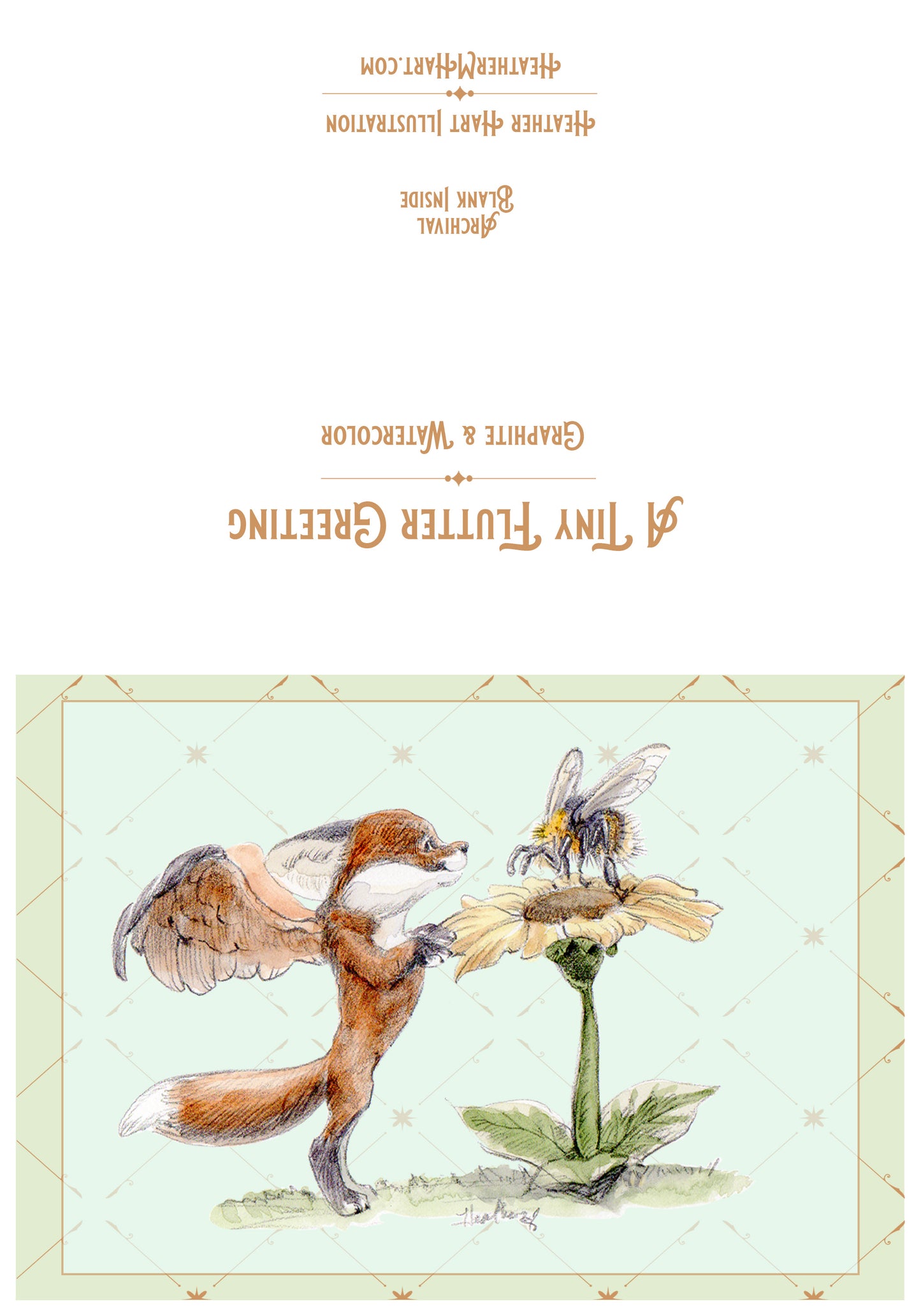 Winged Fox Kit & Bumblebee Sunflower Greeting Card - Nature Friendship Art