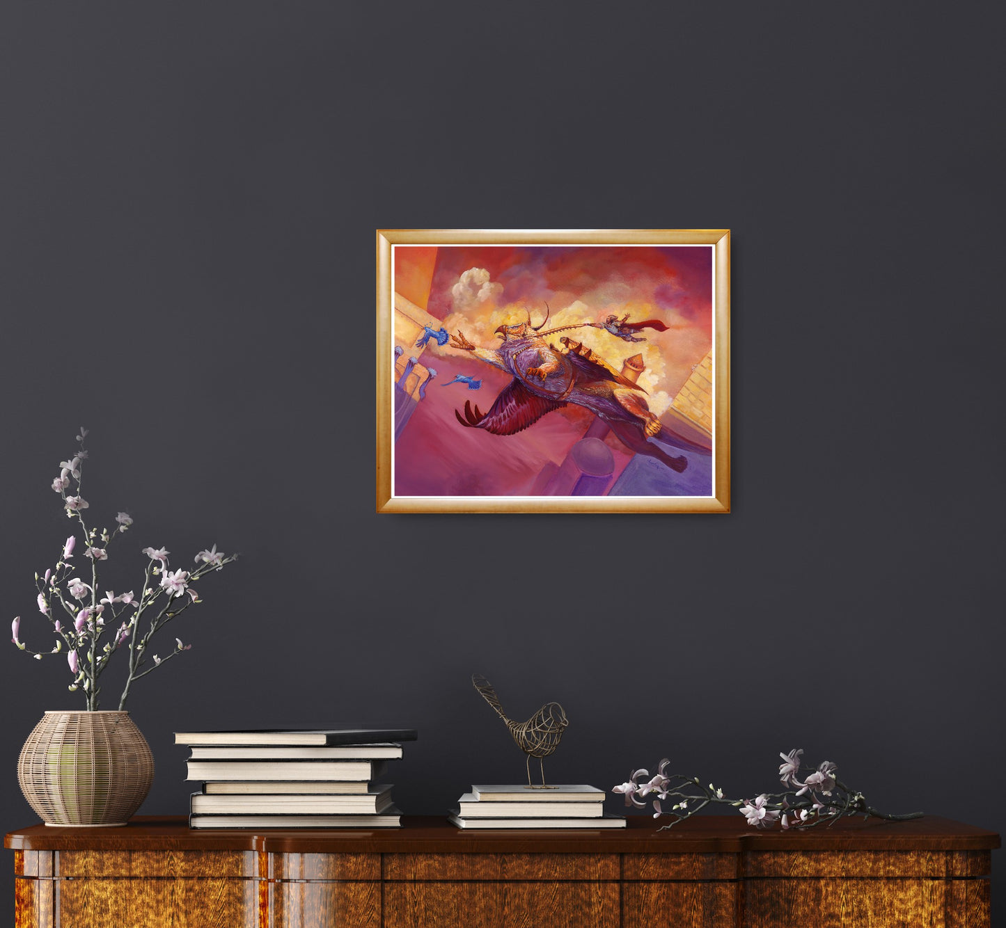 Fantasy Art Print. Hang in There. Magic Style Art. Griffin Rider. Gryphon. Dungeons and Dragons. Dice Games. World of Warcraft. Wall art