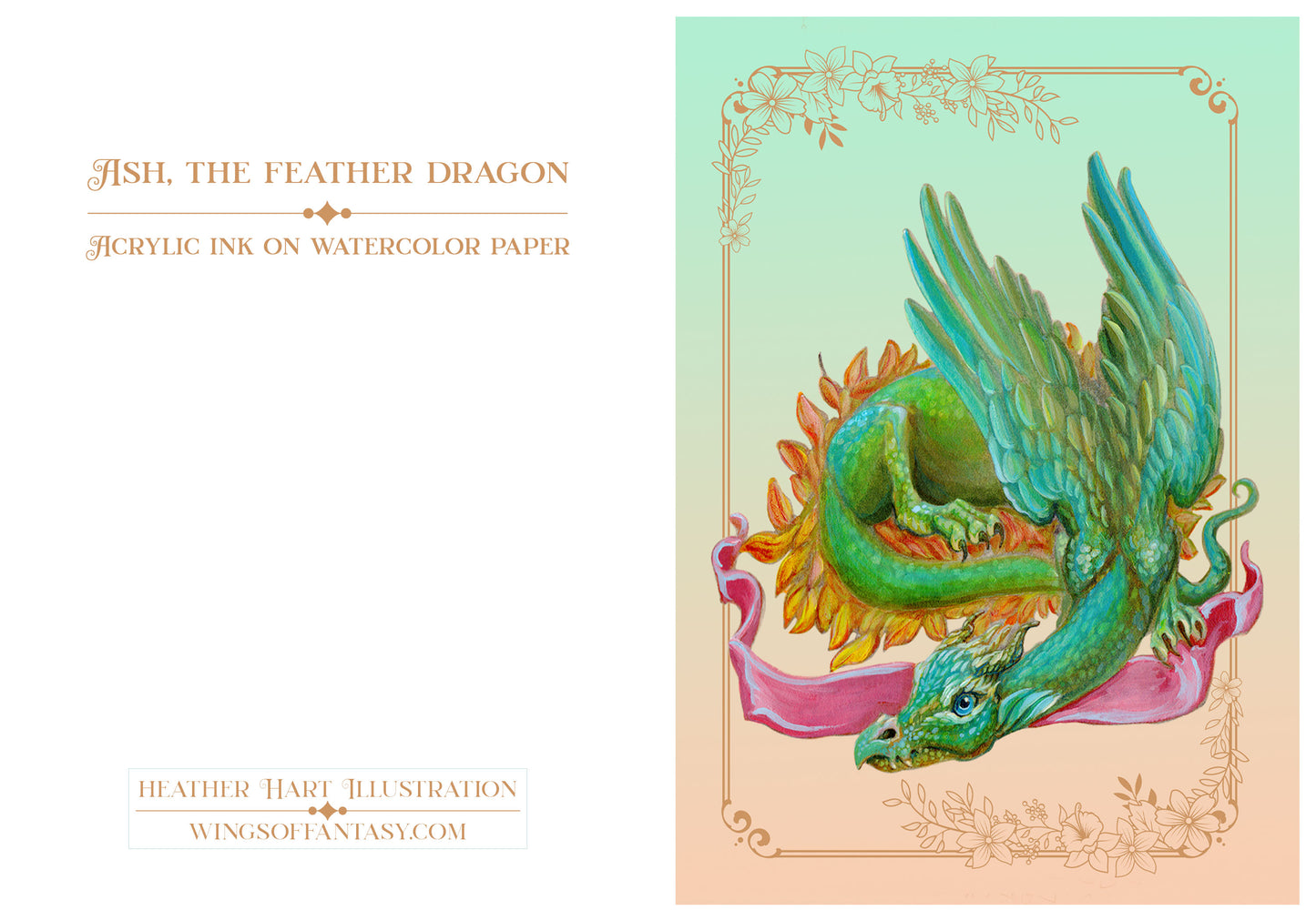 Fantasy Dragon Greeting Card. Ash Tree Dragon. Fine Art Card. Medieval. Green Feather Dragon. Fantasy Creature. Pagan Art. Stationary.