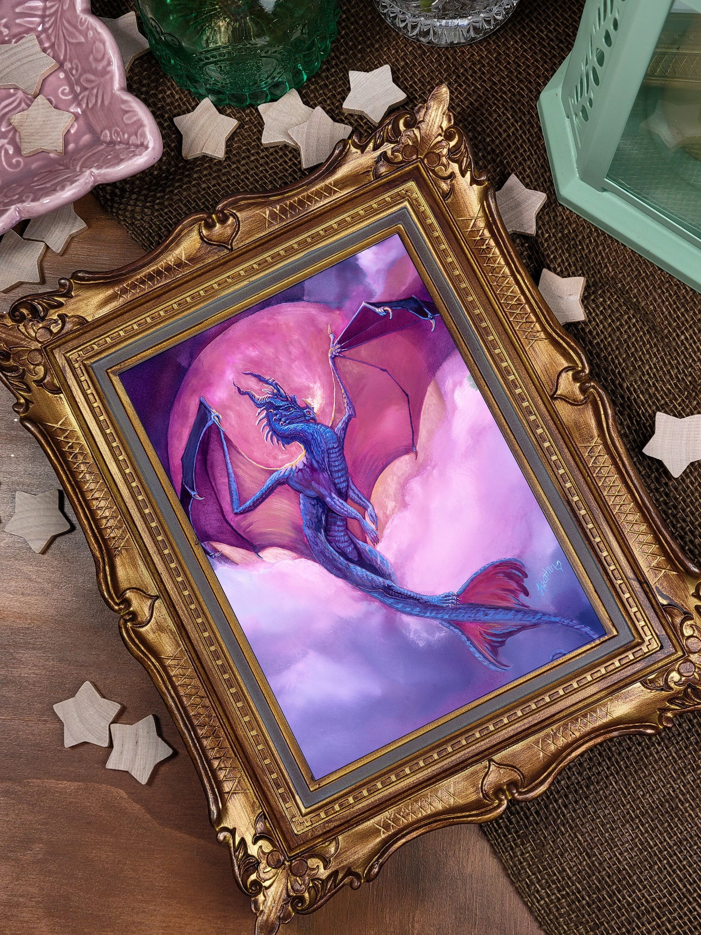 Dragon Art Greeting Card-Chaos Dragon Full Moon-Dragon Mini Print-Red Moon Stormy Night-Archival Frameable Art Card-Dragon Love Pen Pals