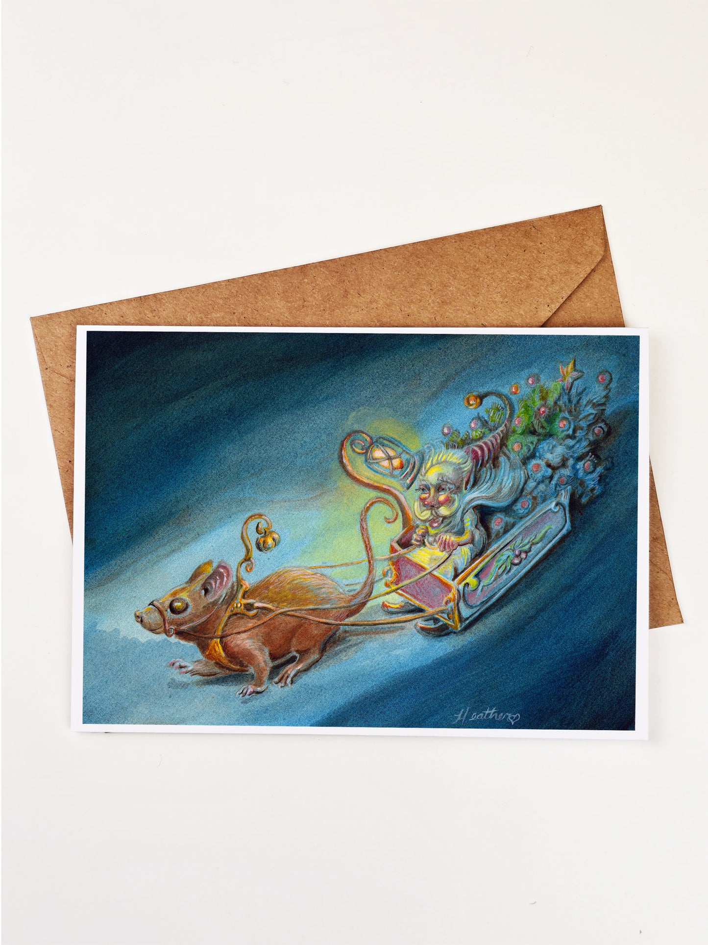 Cottage Core Winter Holiday Greeting Card-Bringing Home The Tree- Faerie folk- Fairy Garden Art- Winter Solstice Fairy