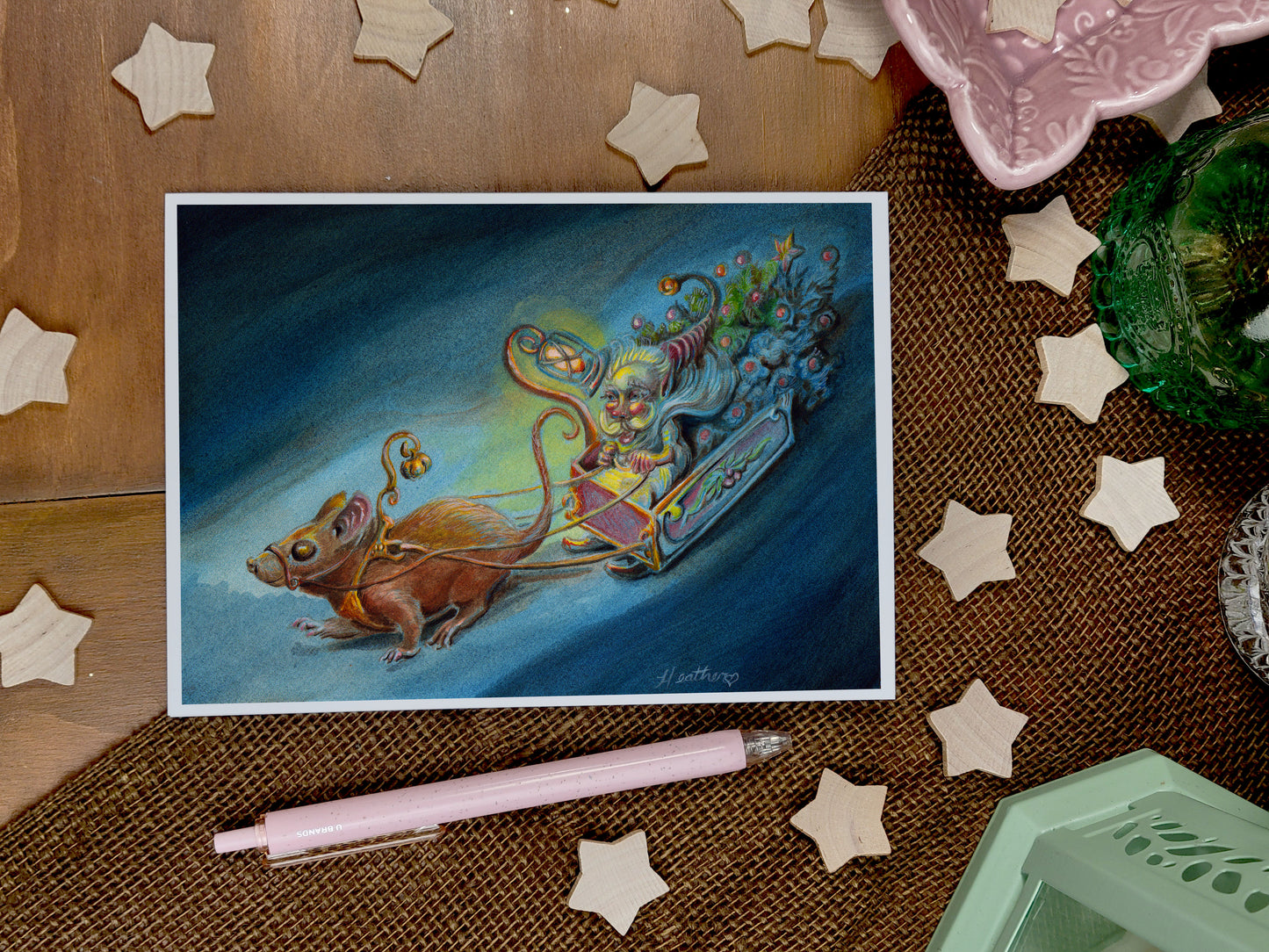Cottage Core Winter Holiday Greeting Card-Bringing Home The Tree- Faerie folk- Fairy Garden Art- Winter Solstice Fairy