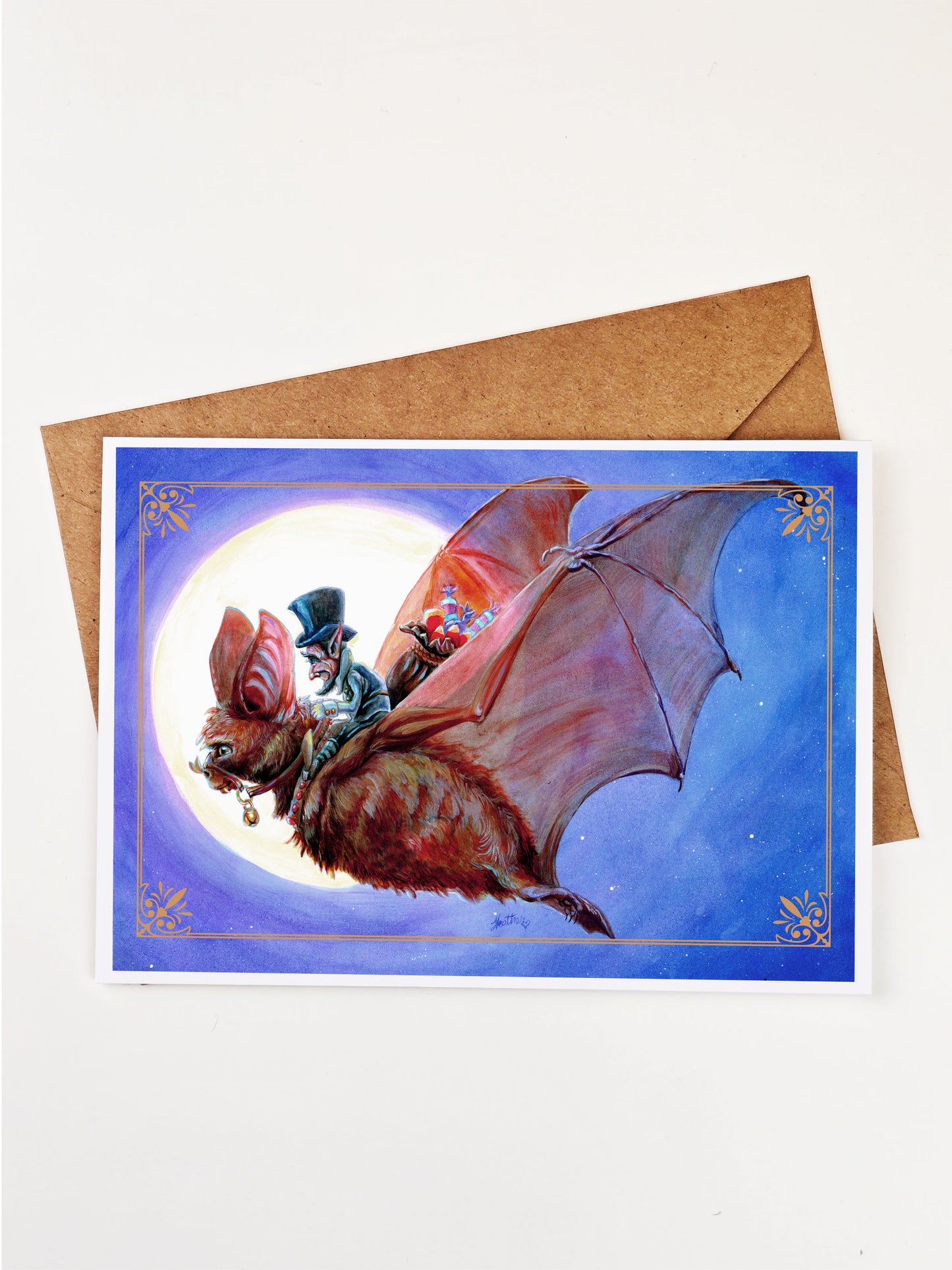 Fairy Greeting Card-Candy Goblin-Halloween Blank Stationary-Fairy Garden-Fae-Faerie-Goblincore-Festival of Samhain-FantasyCreature-Witchcore-Cute Bat