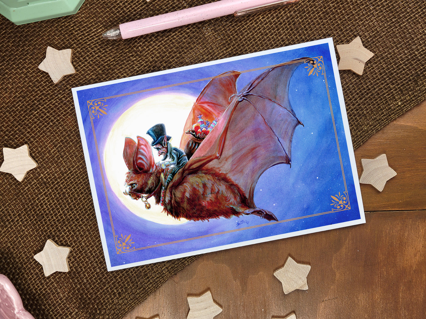 Fairy Greeting Card-Candy Goblin-Halloween Blank Stationary-Fairy Garden-Fae-Faerie-Goblincore-Festival of Samhain-FantasyCreature-Witchcore-Cute Bat