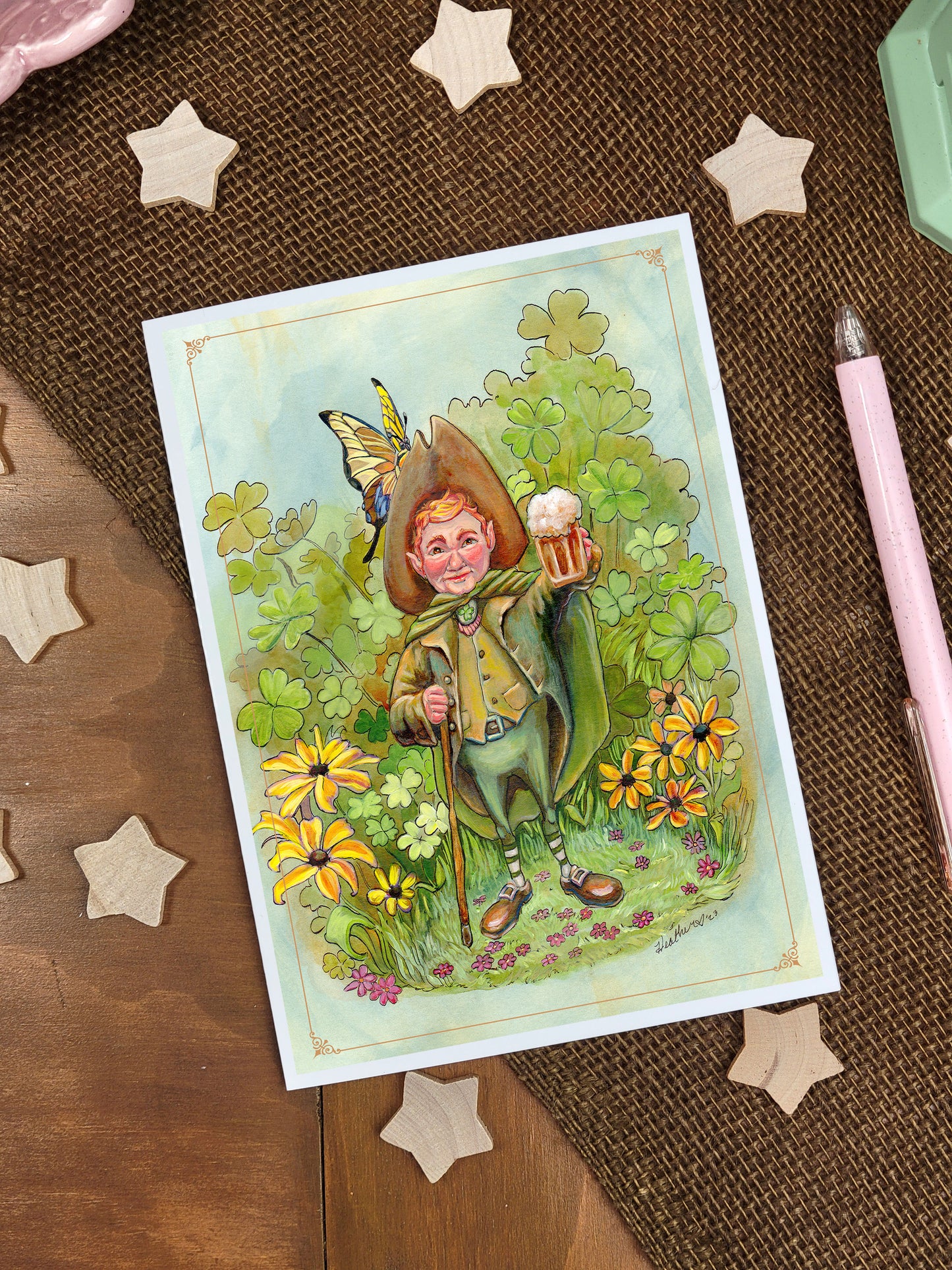 Leprechaun Greeting Card. Cheers. Celtic Myth Art Card. StPatricks Day Holiday. Celtic Mythical Folk. Pagan Art. Blank Stationary Pen Pal