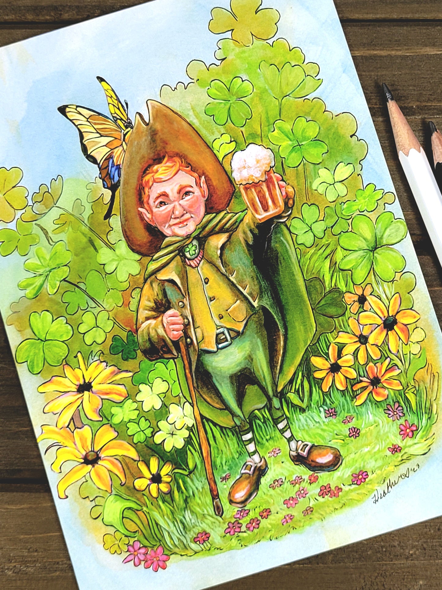 Leprechaun Greeting Card. Cheers. Celtic Myth Art Card. StPatricks Day Holiday. Celtic Mythical Folk. Pagan Art. Blank Stationary Pen Pal