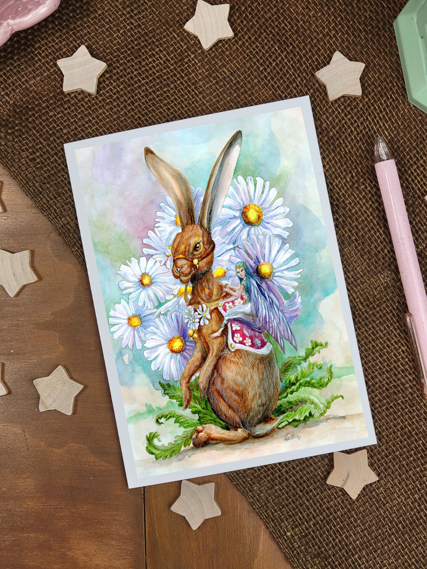 Fairy Art Greeting Card. Daisy Bunny Rider. Fairycore Aesthetic. Flower Fairy Garden. Blank Fantasy Stationary. Fairy Lover fantasy forest.