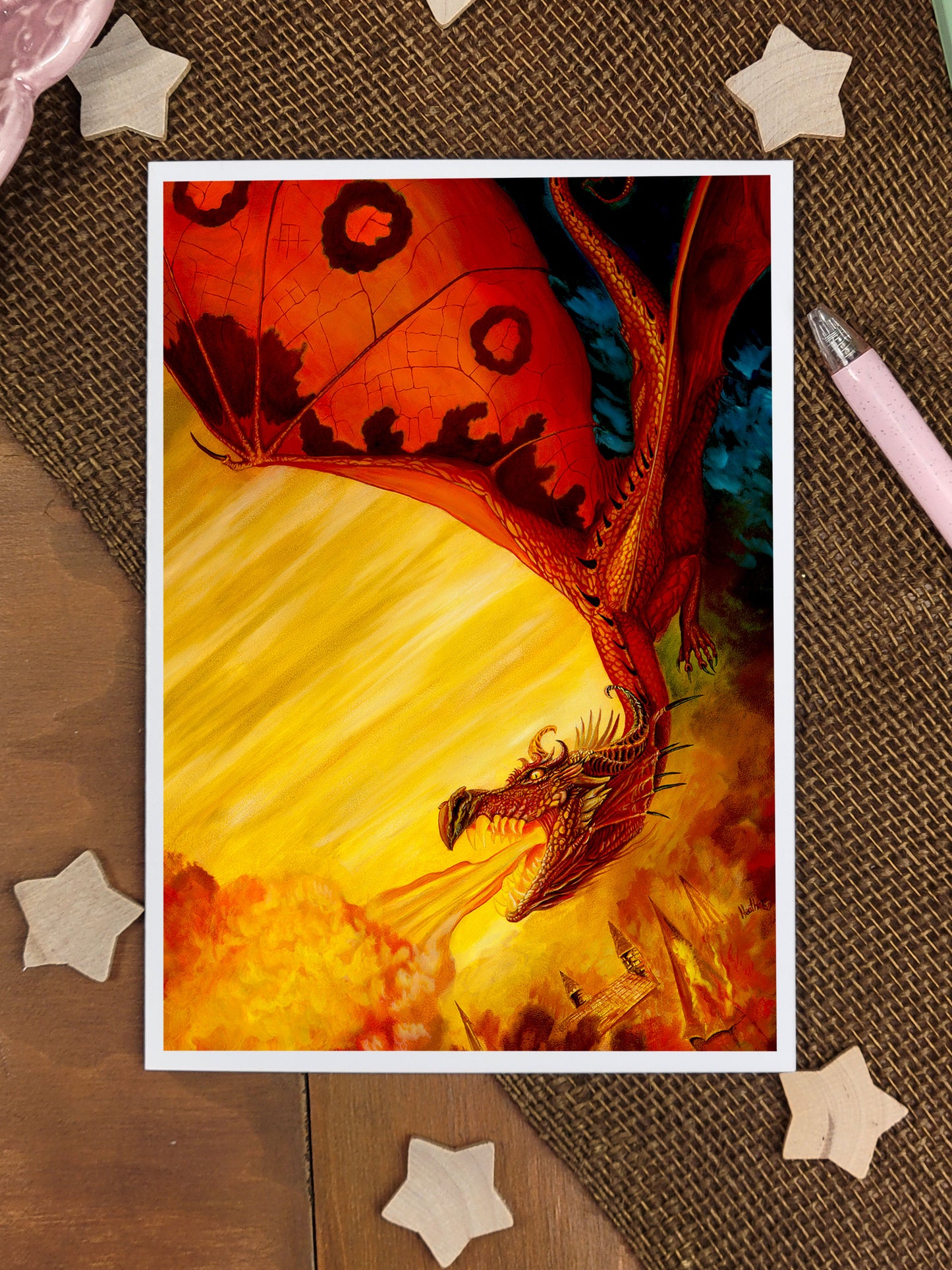 Dragon Fantasy Art Card-Smaug Mini Print-The Hobbit Greeting Card-Lord of the Rings Pen Pal-Fire Breathing Dragon-Dungeons and Dragons Art