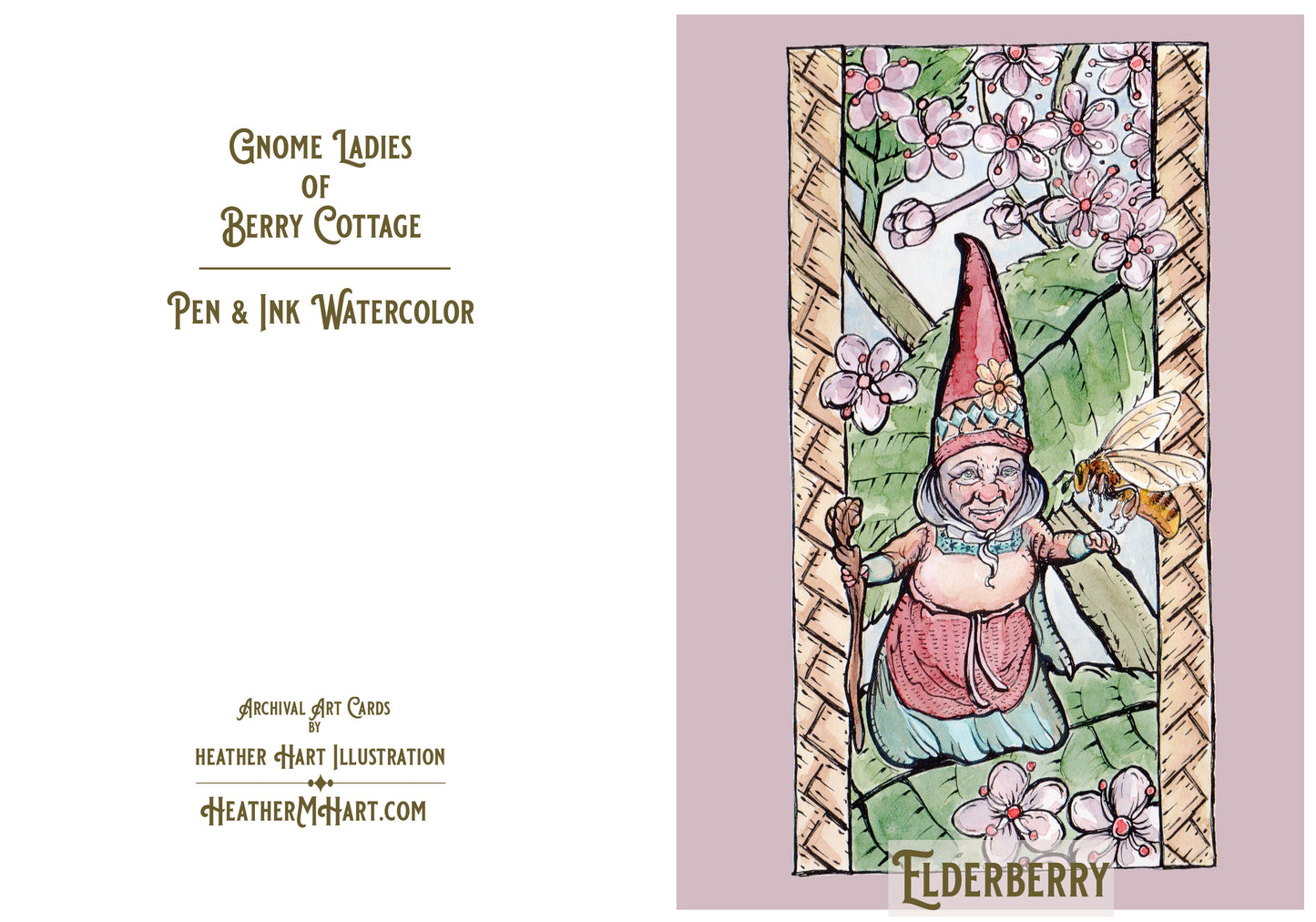 Elderberry Gnome Card - Berry Cottage Lady, Watercolor, Pen & Ink, 5x7 Archival Print, Garden Art, Kraft Envelope