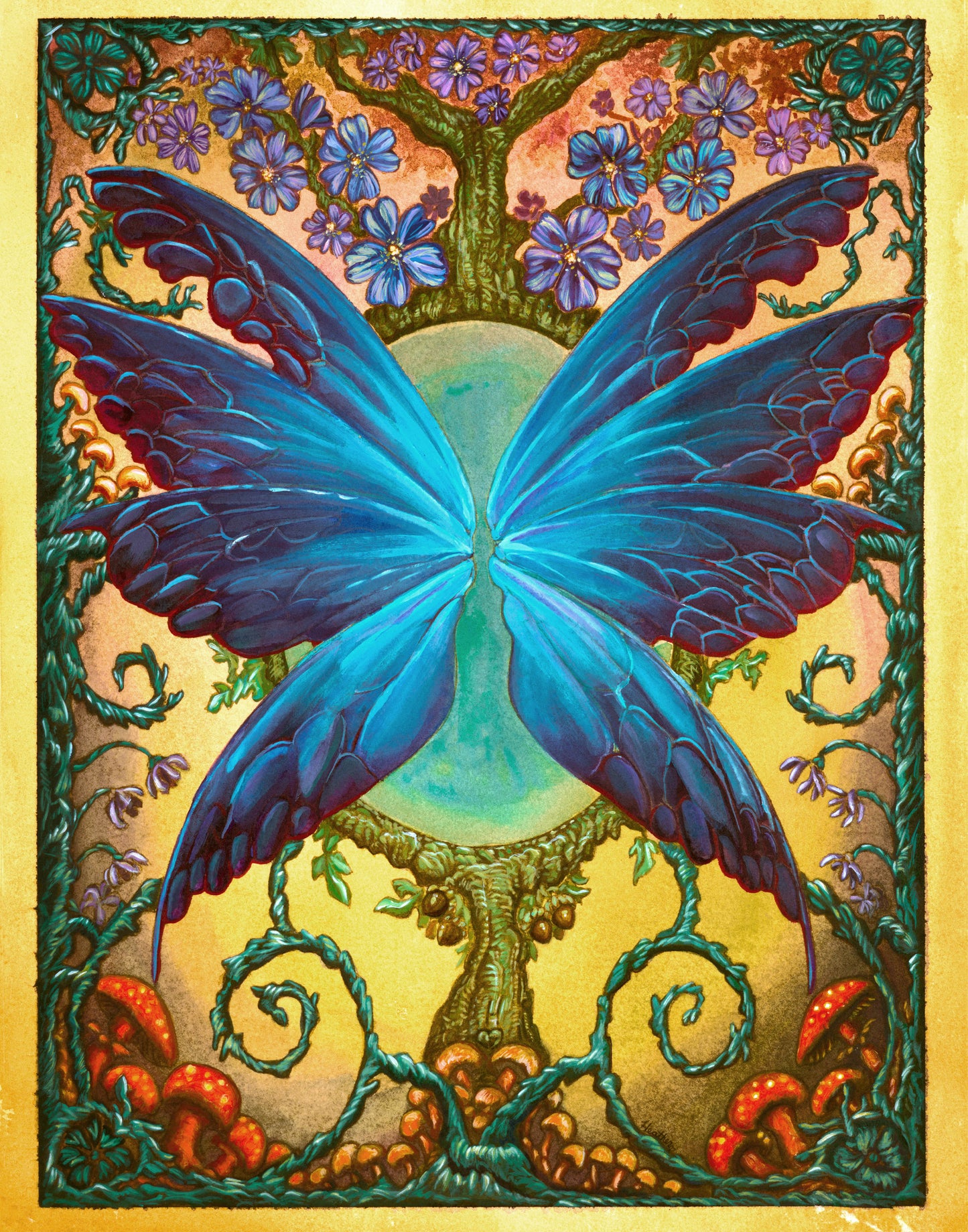 "Fairy Grove" - Original Acrylic Ink Painting, Butterfly Fairy Wings, Secret Garden, Whimsical Art, 11x14