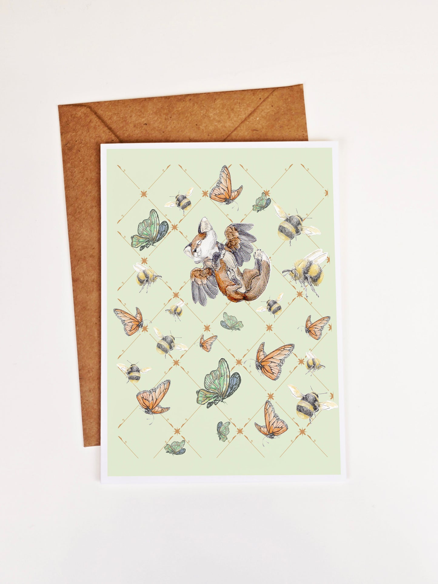 Winged Fox Butterflies and Bees Greeting Card - Watercolor Friendship, Nature Art, Whimsical Fantasy Art, 5x7 Fantasy Art Card, Pen Pal Gift