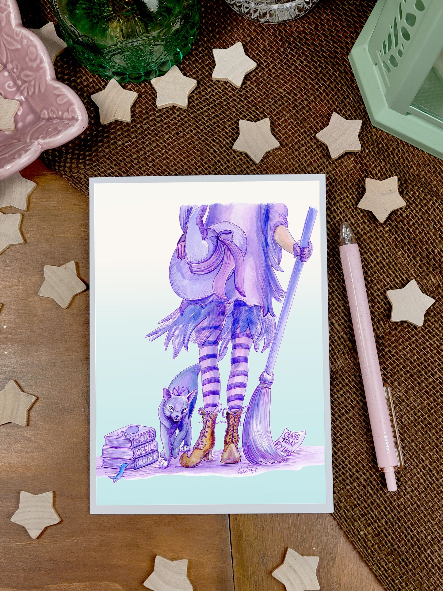 Witchcore Greeting Card- Purple witch and cat with broom-Halloween-Dark academia Art Card-Halloween Witch-Pagan Pen Pal-Kawaii Witch-Magical Back to School Witchcraft