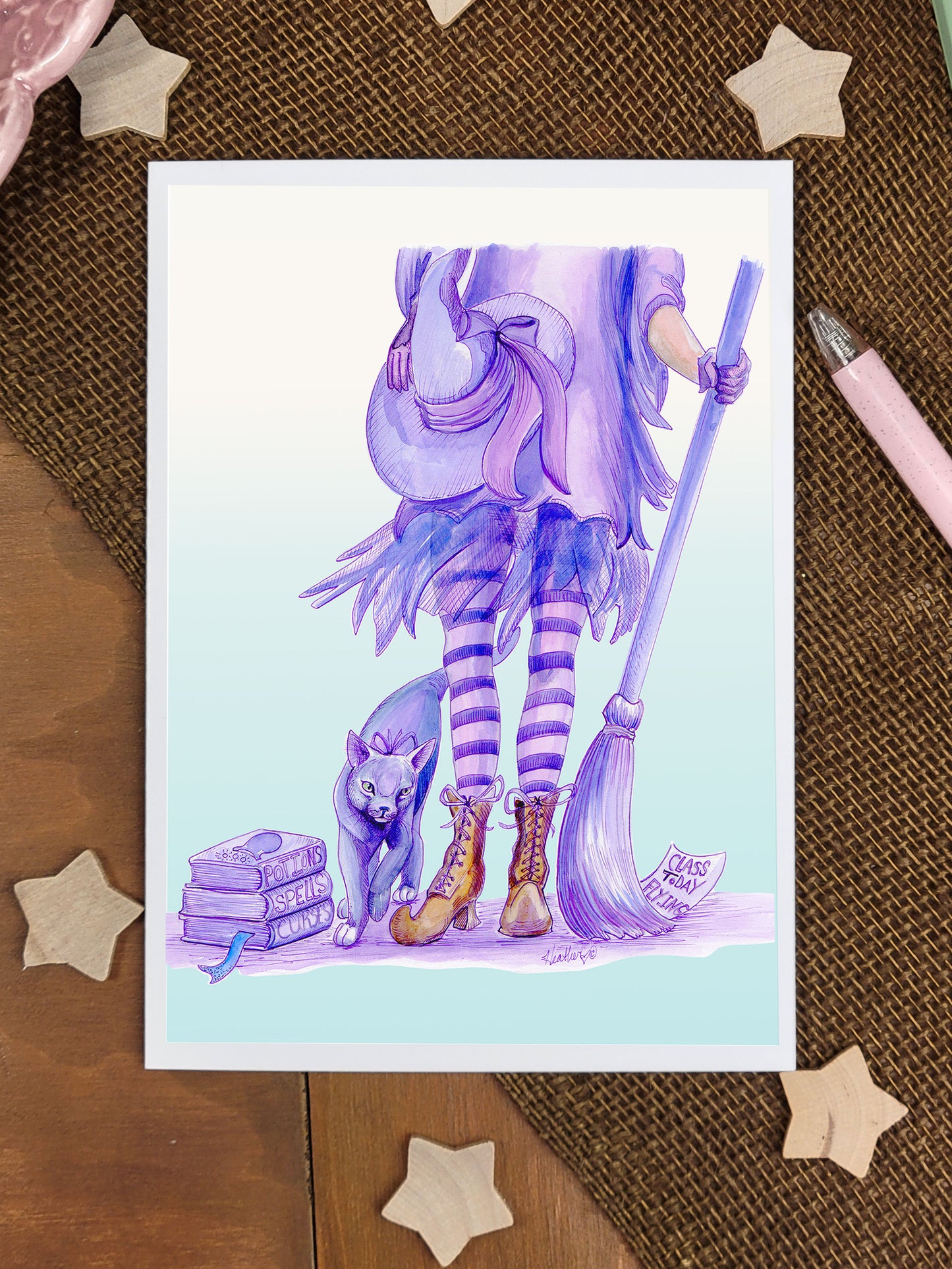 Witchcore Greeting Card- Purple witch and cat with broom-Halloween-Dark academia Art Card-Halloween Witch-Pagan Pen Pal-Kawaii Witch-Magical Back to School Witchcraft