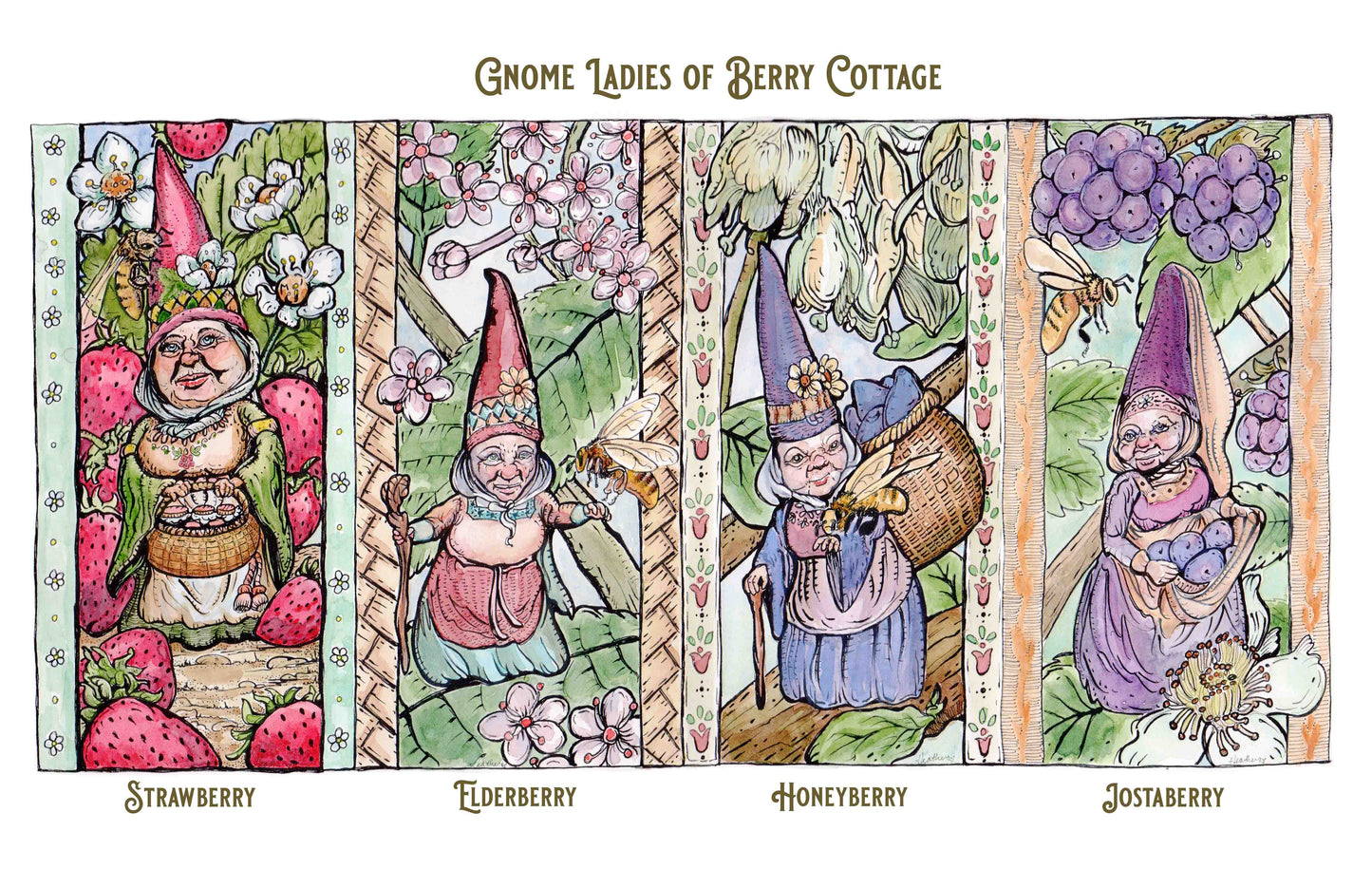 The Gnome Ladies of Berry Cottage Art Print - 4 Gnome Illustration, Berry Theme, 11x17 Archival Print