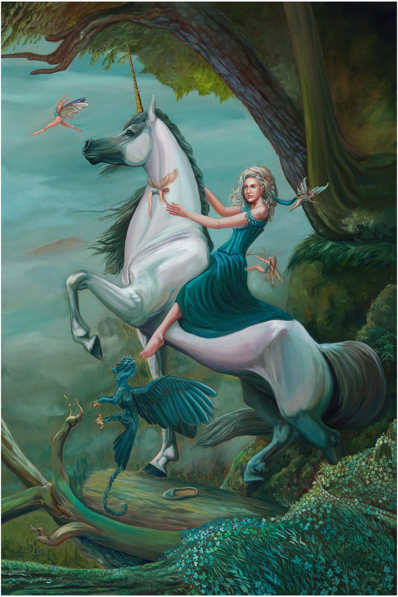 Original Fantasy Art The Liberation of Aelwyn. Unicorn Painting. Fantasy Unicorn Wall Art.
