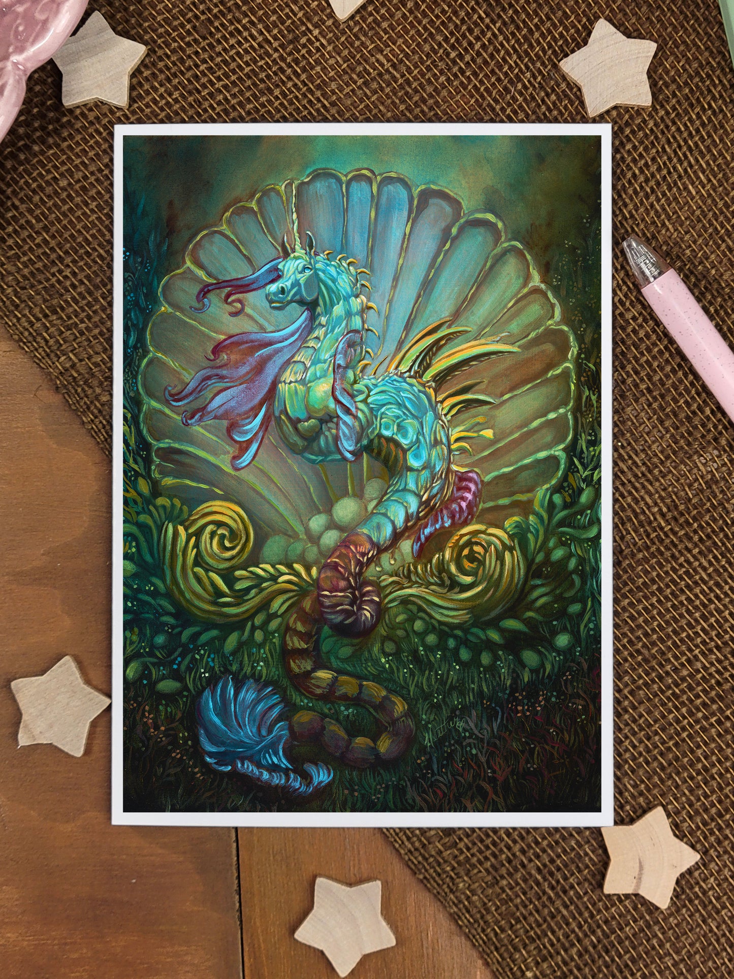 Poseidon's Hippocampus Greeting Card. Mythological Creature. Sea Unicorn.