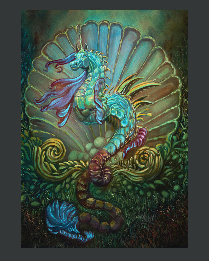 "Unicorn Hippocampus" - Original Acrylic Ink Painting, Mythical Creature Art, Poseidon's Steed, 11x14