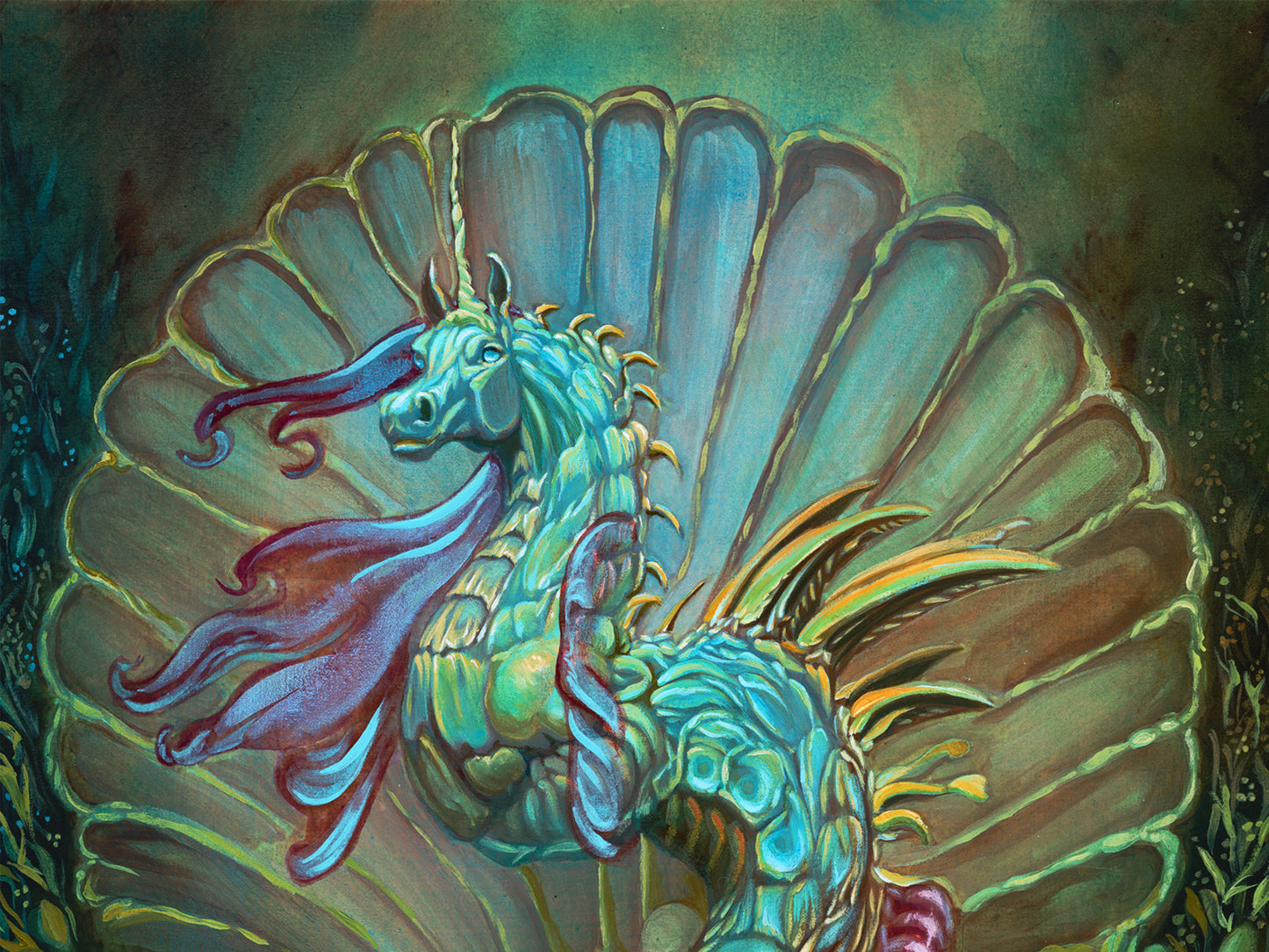 "Unicorn Hippocampus" - Original Acrylic Ink Painting, Mythical Creature Art, Poseidon's Steed, 11x14