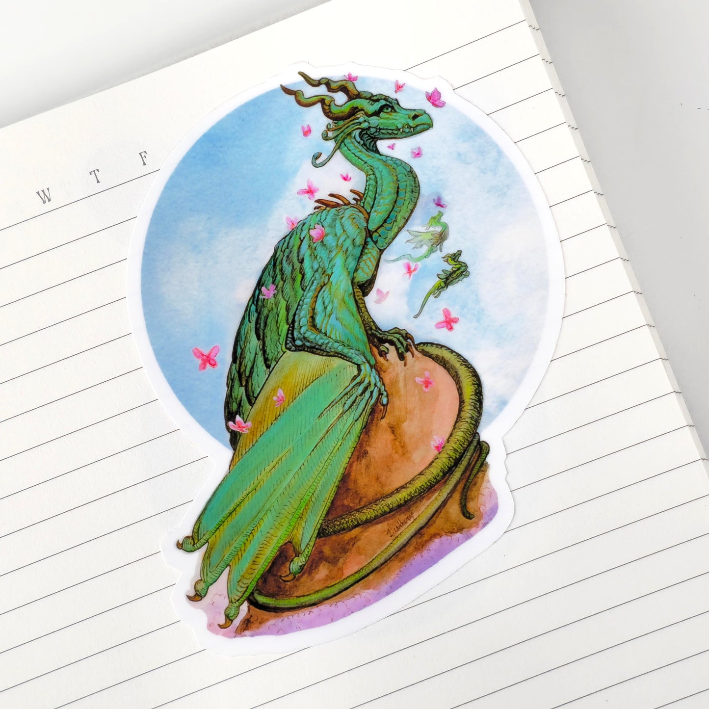 Fantasy Jade Green Dragon Sticker. Cherry Blossom Grove Dragon Watercolor Art Decal. Dragon Vinyl Laptop Sticker. Fantasy Journal Sticker.