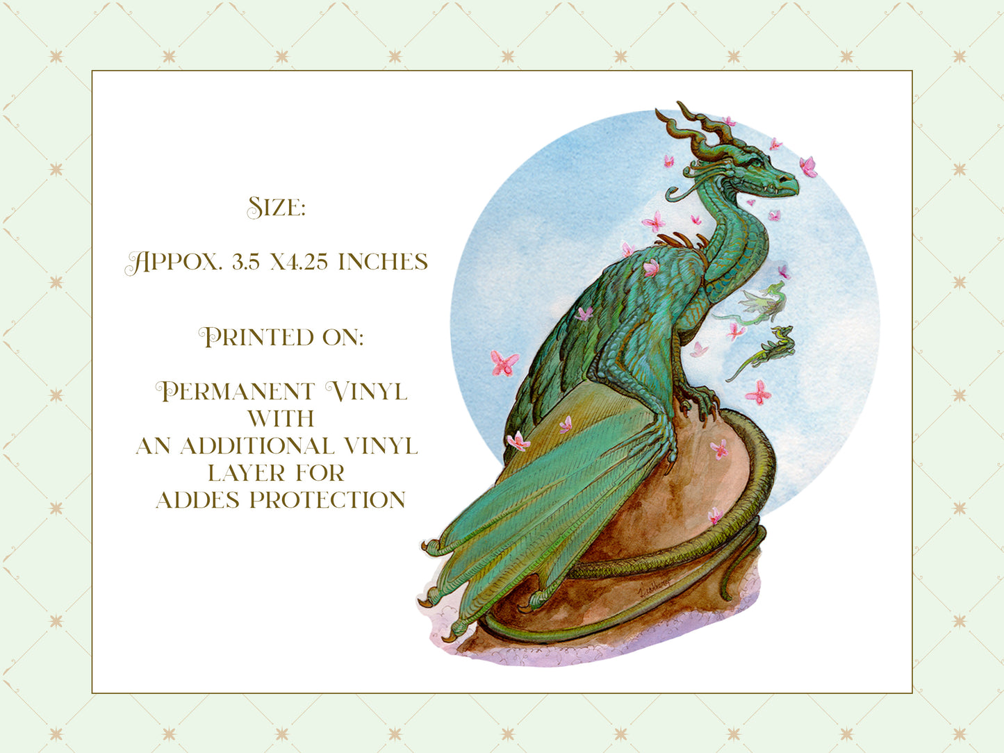 Fantasy Jade Green Dragon Sticker. Cherry Blossom Grove Dragon Watercolor Art Decal. Dragon Vinyl Laptop Sticker. Fantasy Journal Sticker.