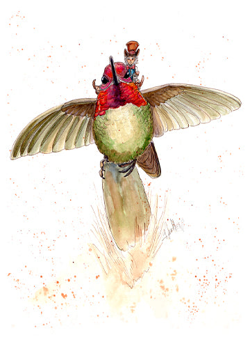 Ladies' Men" - Original Watercolor & Ink, Fairycore Style Art, Hummingbird Art, Whimsical, 11x14