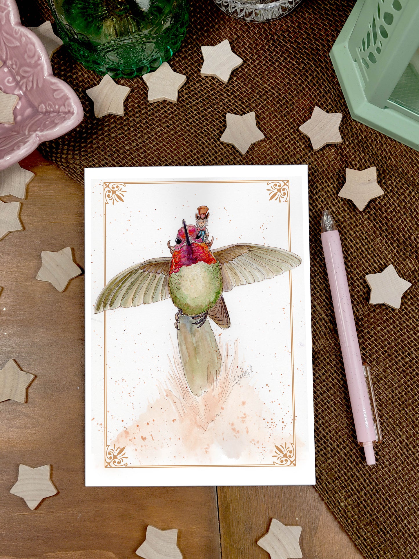 Fairy and hummingbird Greeting Card. Ladie's Men. Fairycore Stationary. Whimsical Hummingbird Art. Fairy Pen Pal. Fairy Garden Lover Gift.