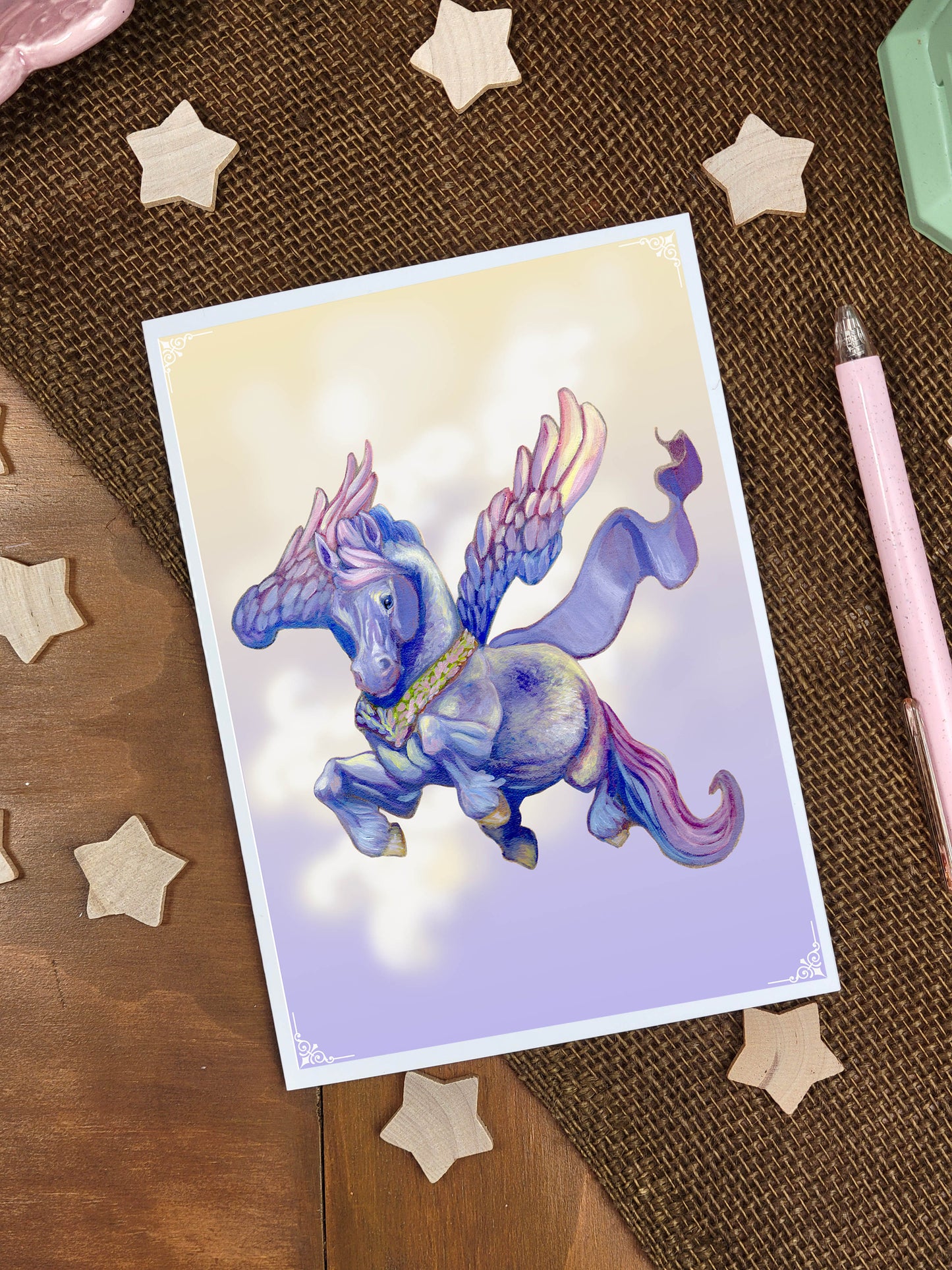 Pegasus Horse Greeting Card. Lavender. Kawaii Flying Horse. Greeek Mythological Creature. Mythical Horse. Pagan Art. Stationary Pen pal