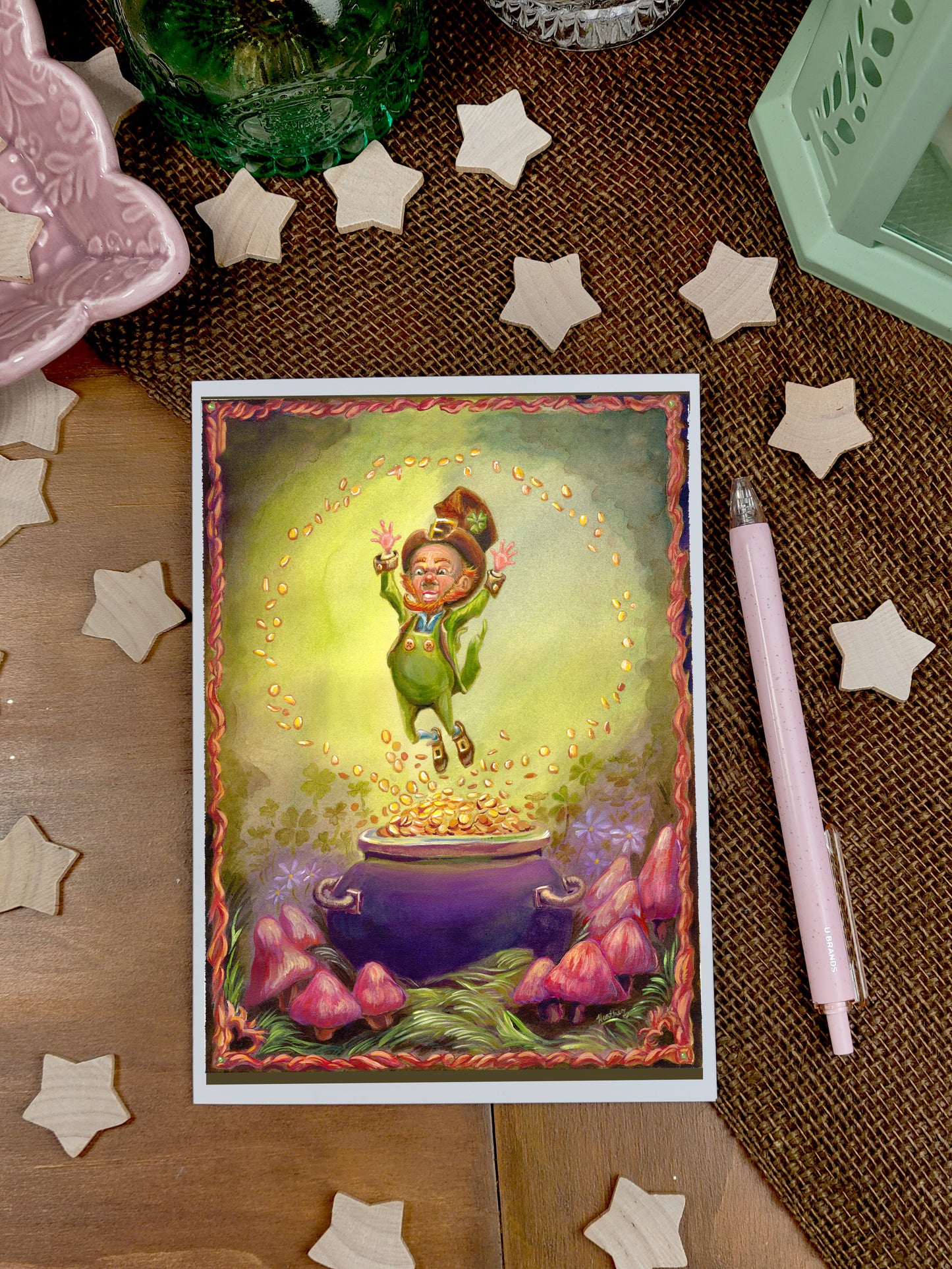 Fantasy Greeting Card. Lucky Leprechaun Art. St Patrick's Day. Mythological Creature. Irish Folktale. Pagan Art. Stationary. Pot of Gold