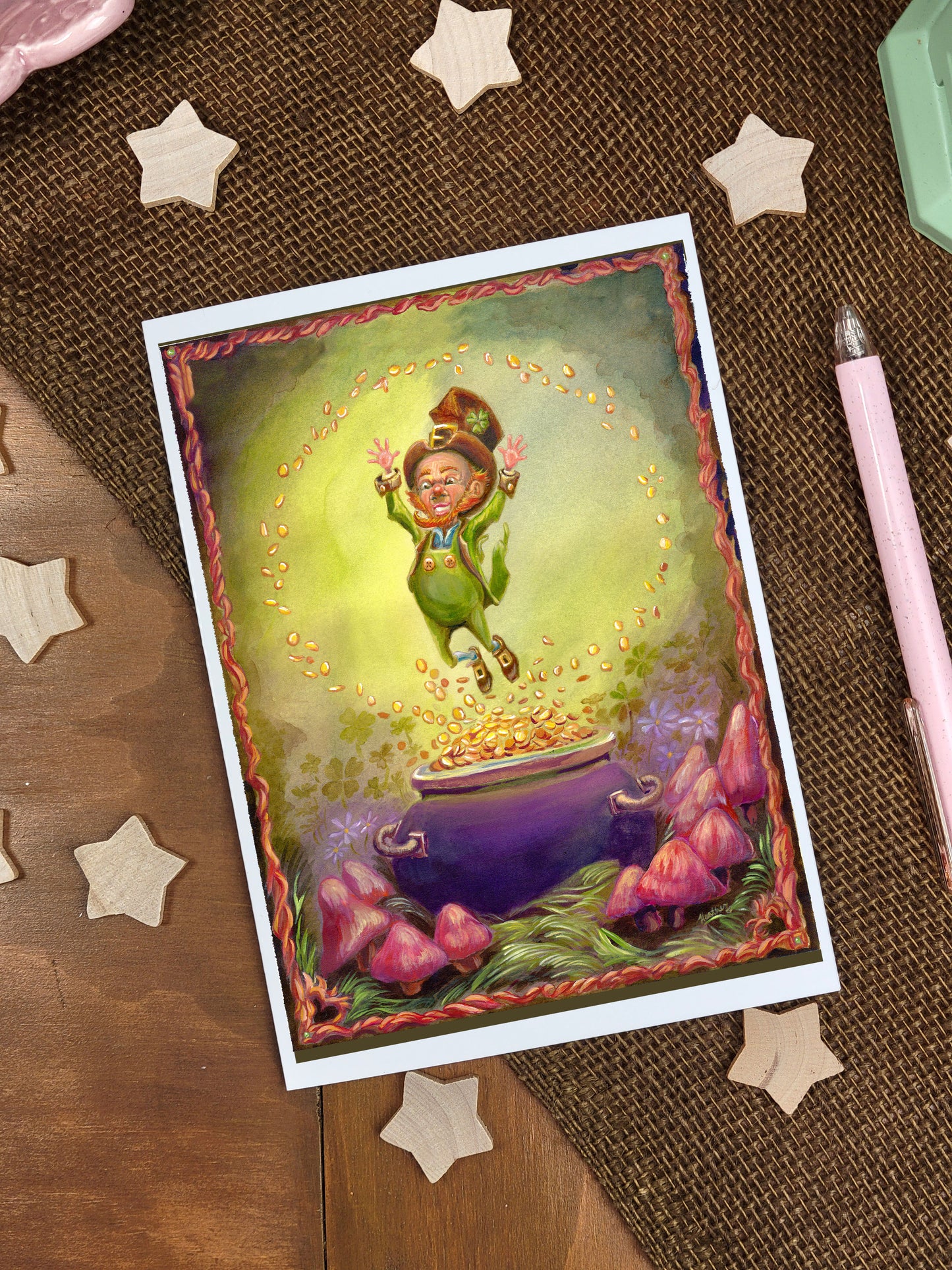 Leprechaun Greeting Card. Lucky Leprechaun Art. St Patrick's Day. Mythological Creature. Irish Folktale. Pagan Art. Stationary. Pot of Gold