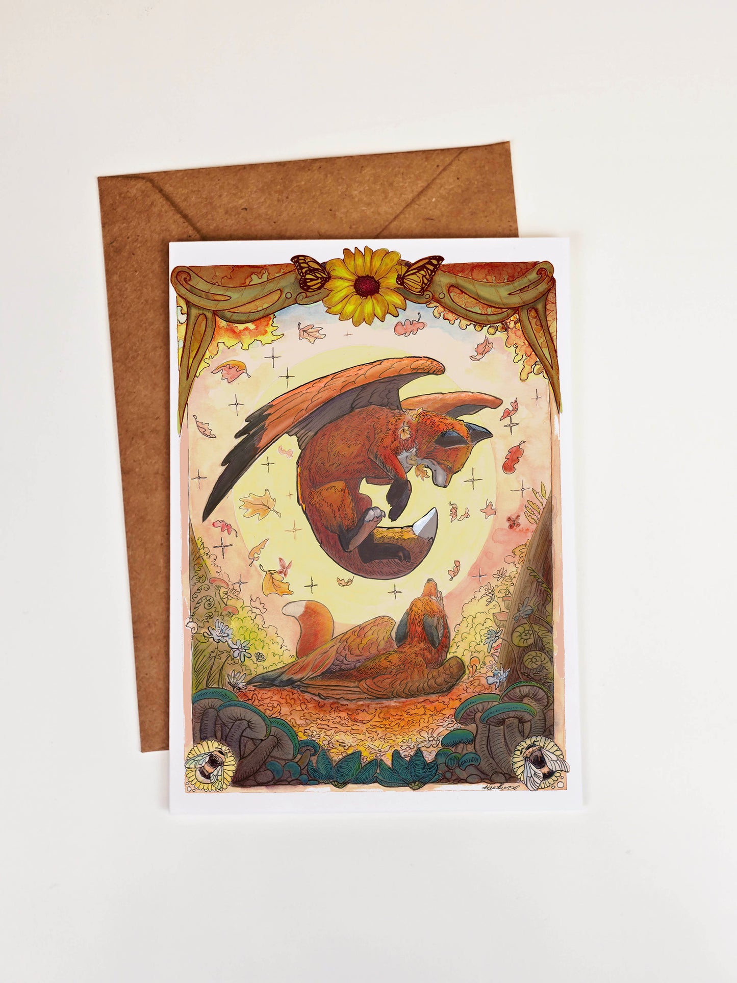 Playful Autumn Fox Greeting Card. Cozy Autmn Vibes. Fall Leaves. Fantasy Flying Fox. Fox with Wings. Pen Pal gift. Fantasy Fox Mini Print