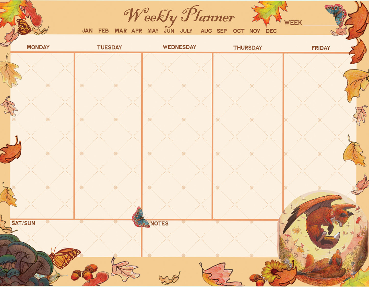Playful Autumn Fox Planner Page: A Fall Digital Download Weekly Planner | 8.5 x 11 Whimsical Flying Foxes| Fantasy art Month Weekly Planner