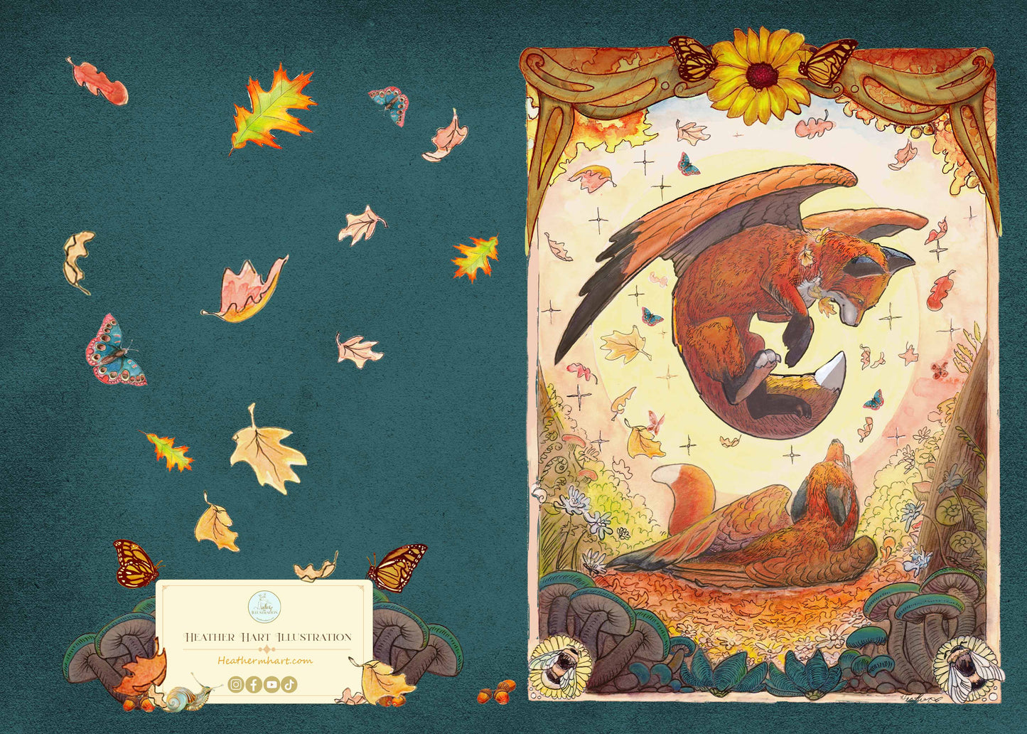 Playful Autumn Fox Journal. Cozy Autumn Falling Leaves. Fantasy Flying Fox. Fox with Wings. Cottagecore. Journal lover Gift. Lined Notebook.