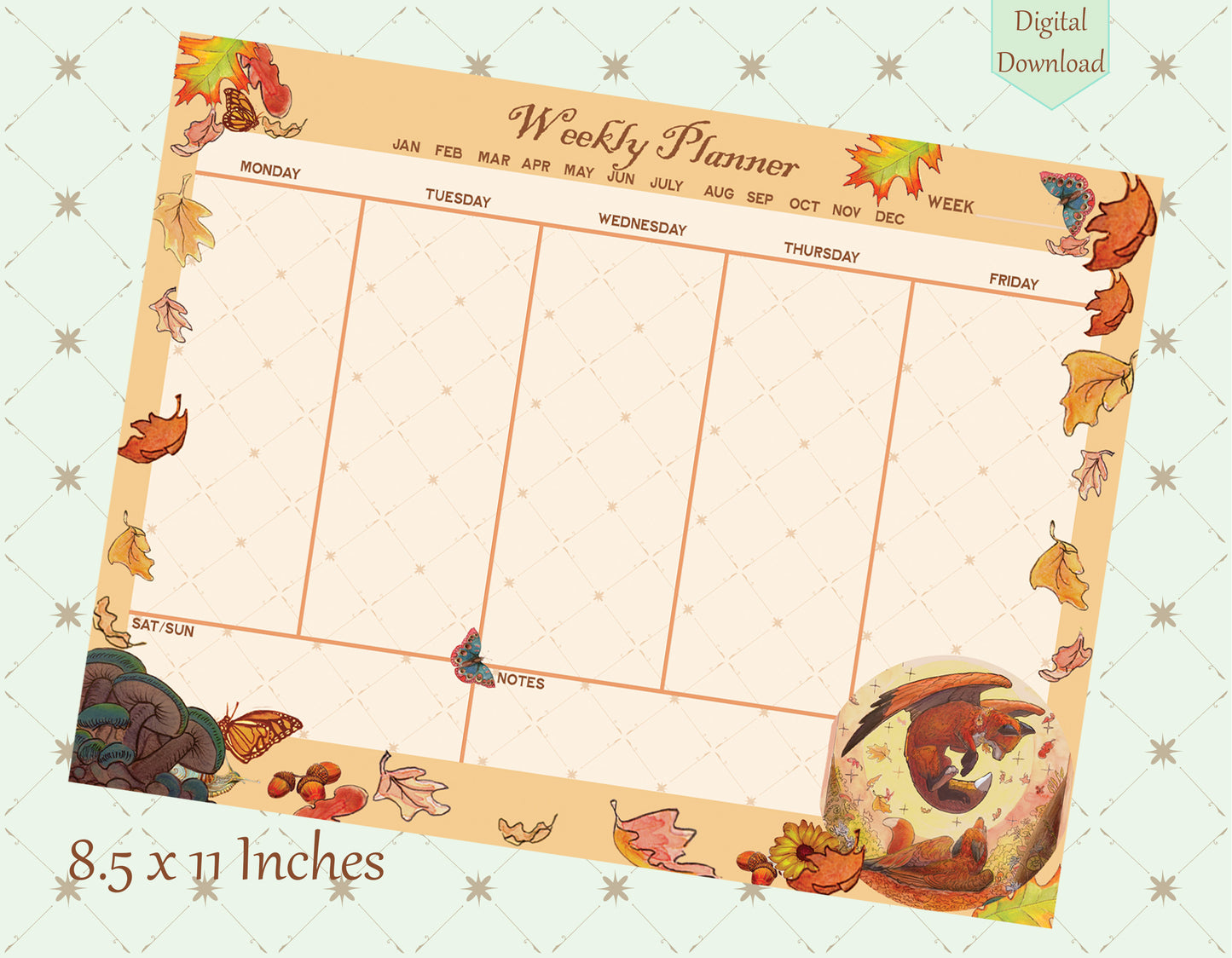 Playful Autumn Fox Planner Page: A Fall Digital Download Weekly Planner | 8.5 x 11 Whimsical Flying Foxes| Fantasy art Month Weekly Planner