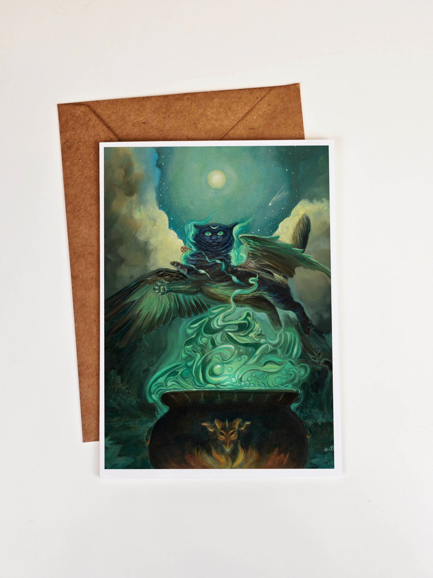 Black Cat Witch Halloween Greeting Card, Flying with Bat Wings, Magic Cauldron, Celestial Stationery, Gifts for Witches, Pagan Celebration