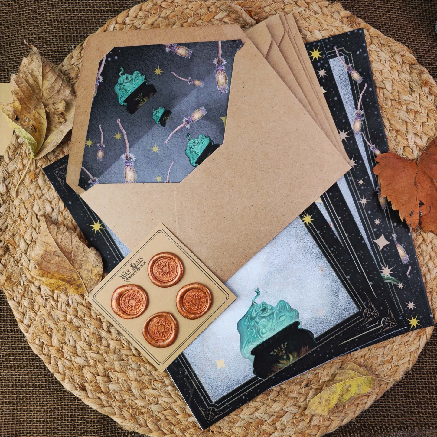 Vintage Style Gothic Witch Letter Writing Set| Black Cat Witches Cauldron Stationery Set| Art Nouveau Style Celestial Witch Stationery