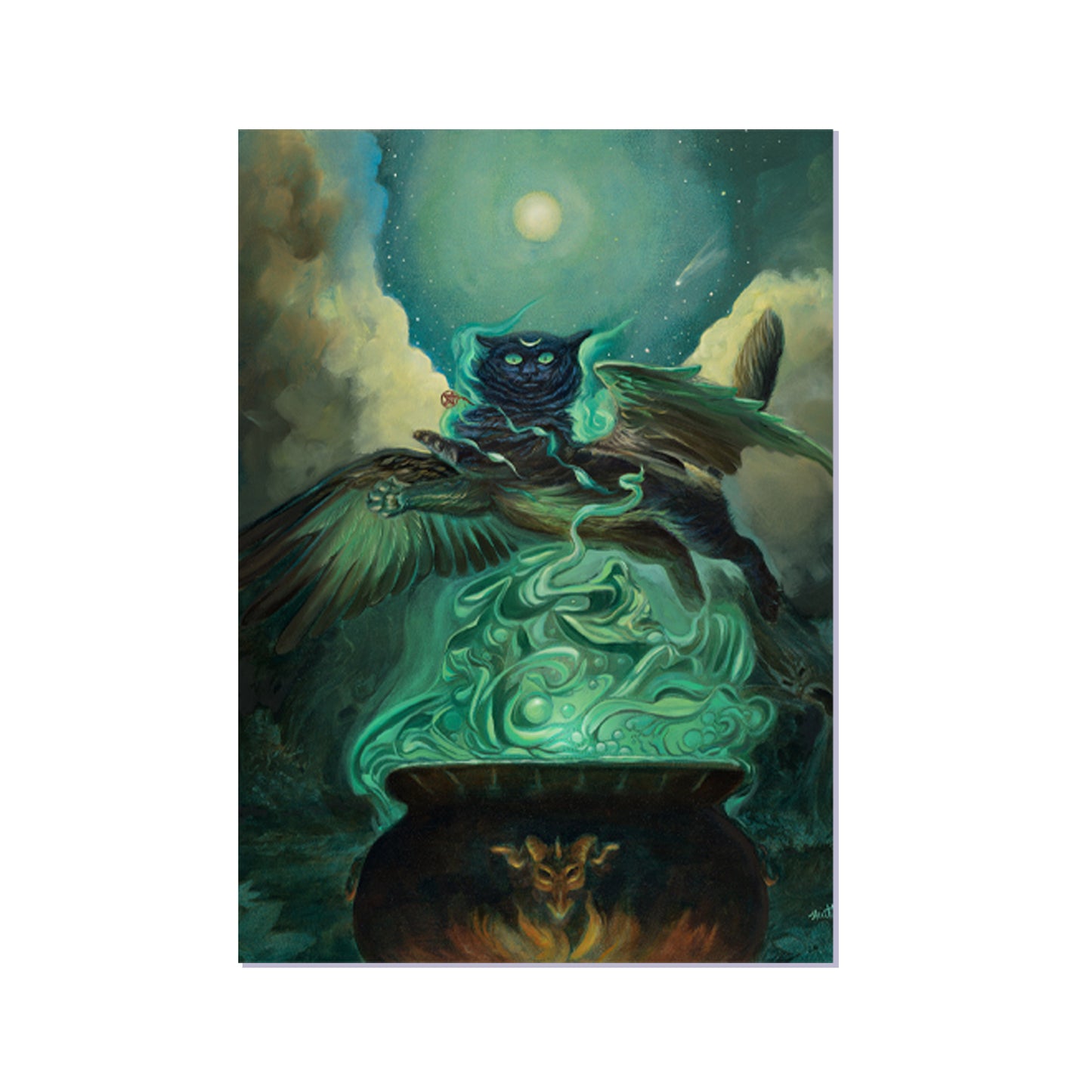 Black Cat Witch Halloween Art Print, Flying with Bat Wings, Magic Cauldron, Celestial Wall Decor, Gifts for Witches, Gift for Wiccan