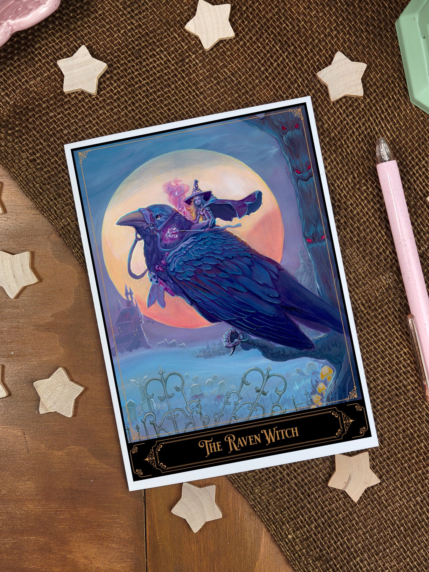 Halloween Witch Greeting Card. Raven Witch Spooky Castle Art. All Hallows Eve Stationary. Blank Halloween Card. Spooky Graveyard Raven Art.