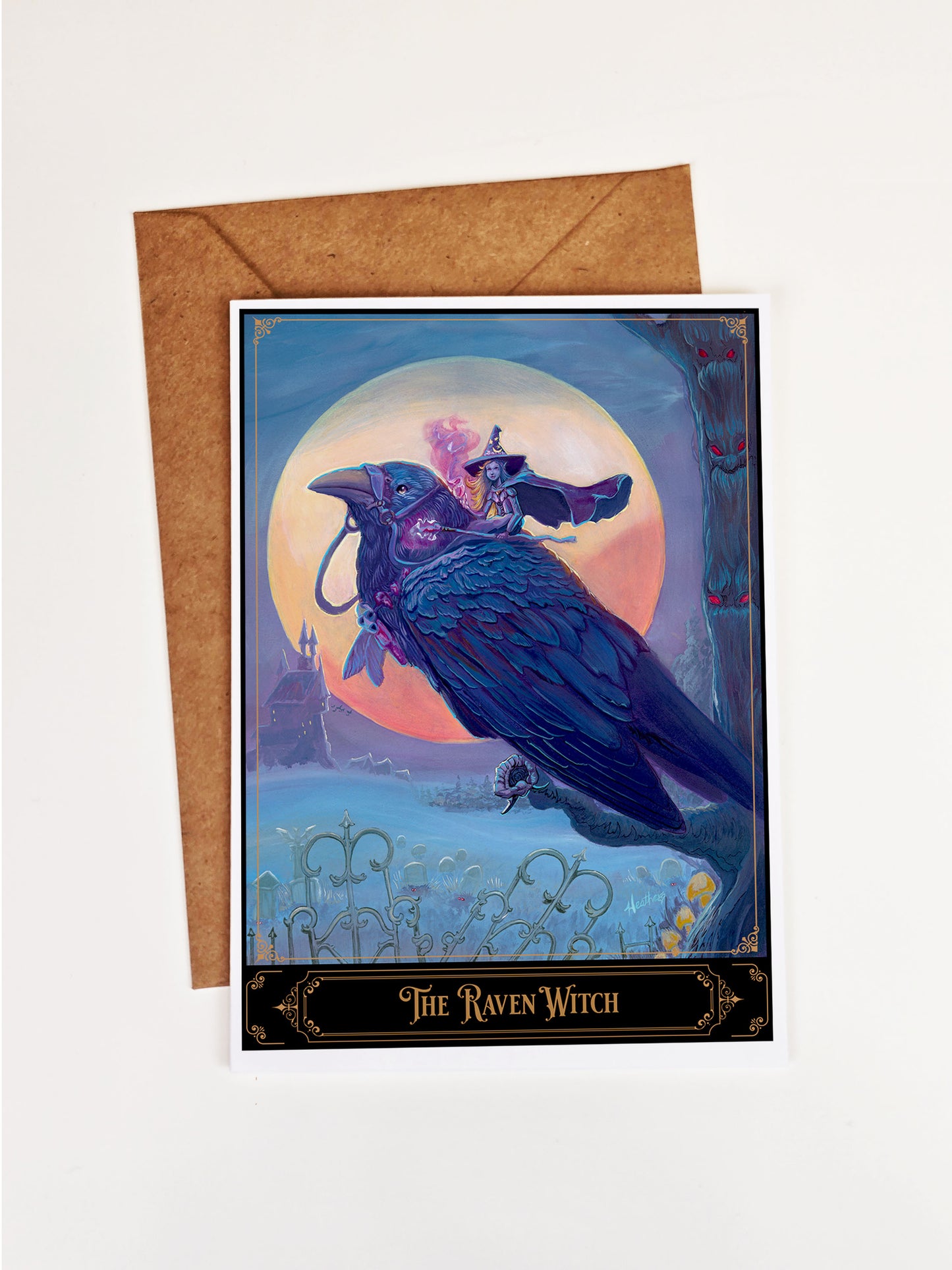Halloween Witch Greeting Card. Raven Witch Spooky Castle Art. All Hallows Eve Stationary. Blank Halloween Card. Spooky Graveyard Raven Art.