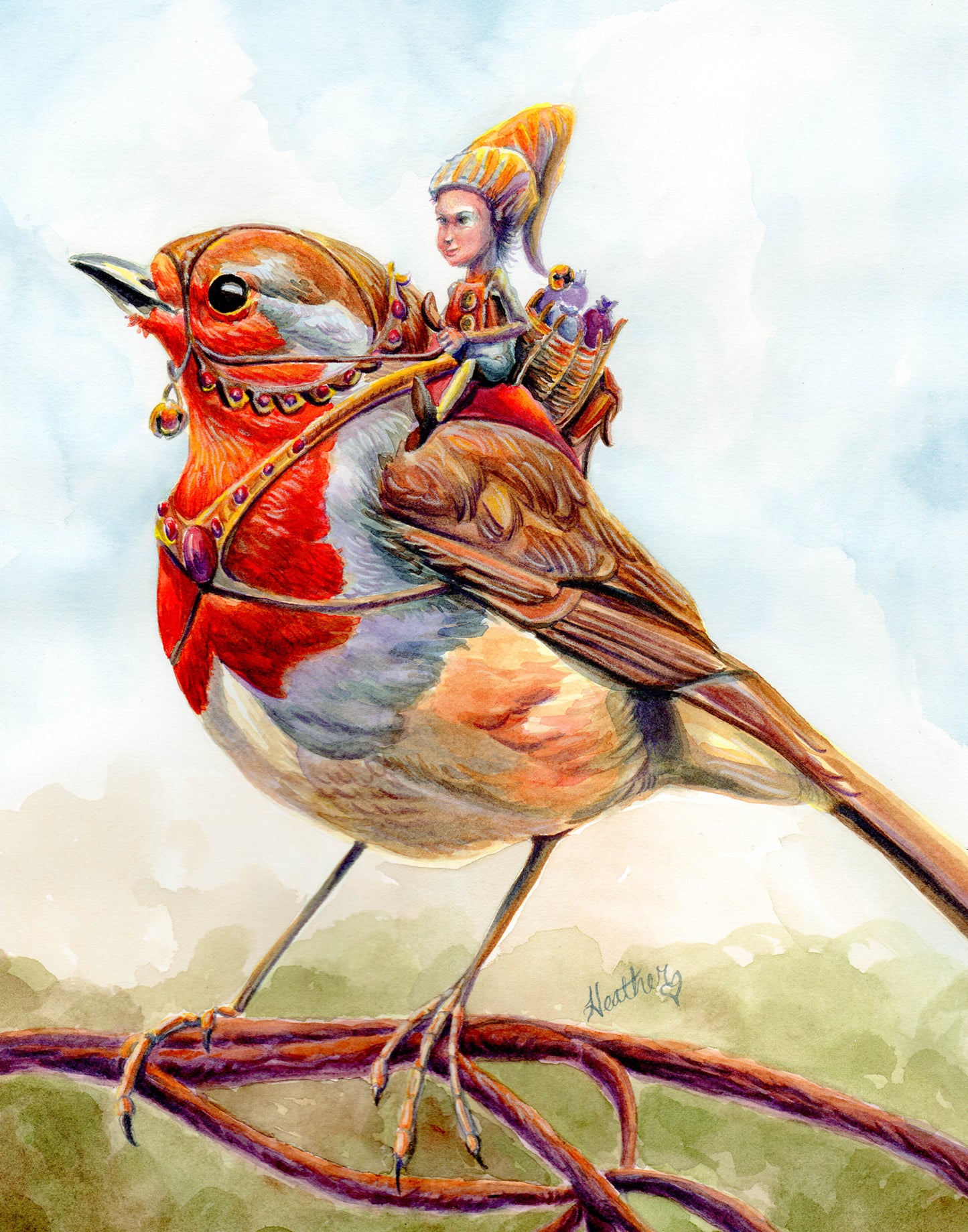The Robin Rider. Original Fantasy Watercolor Art. Fairycore Style. Whimsical Garden Lover Gift.