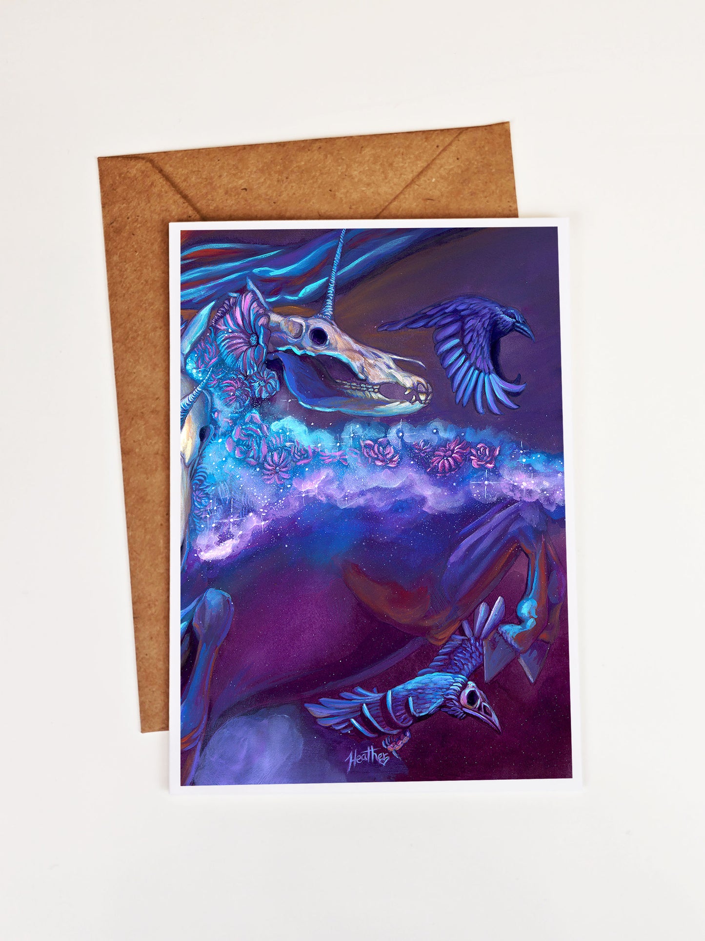 Dark Fantasy Art Greeting Card-Skeleton Unicorn Pagan Art- Noir Fantasy Creature- Halloween Stationary for Goths-Witchcore-Dark Nature Magic-Wicca