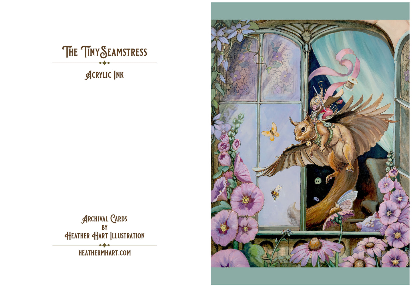 Winged Squirrel & Fairy Greeting Card - Seamstress Art, Garden Scene, Fantasy Illustration, Archival 5x7 Greeting Card