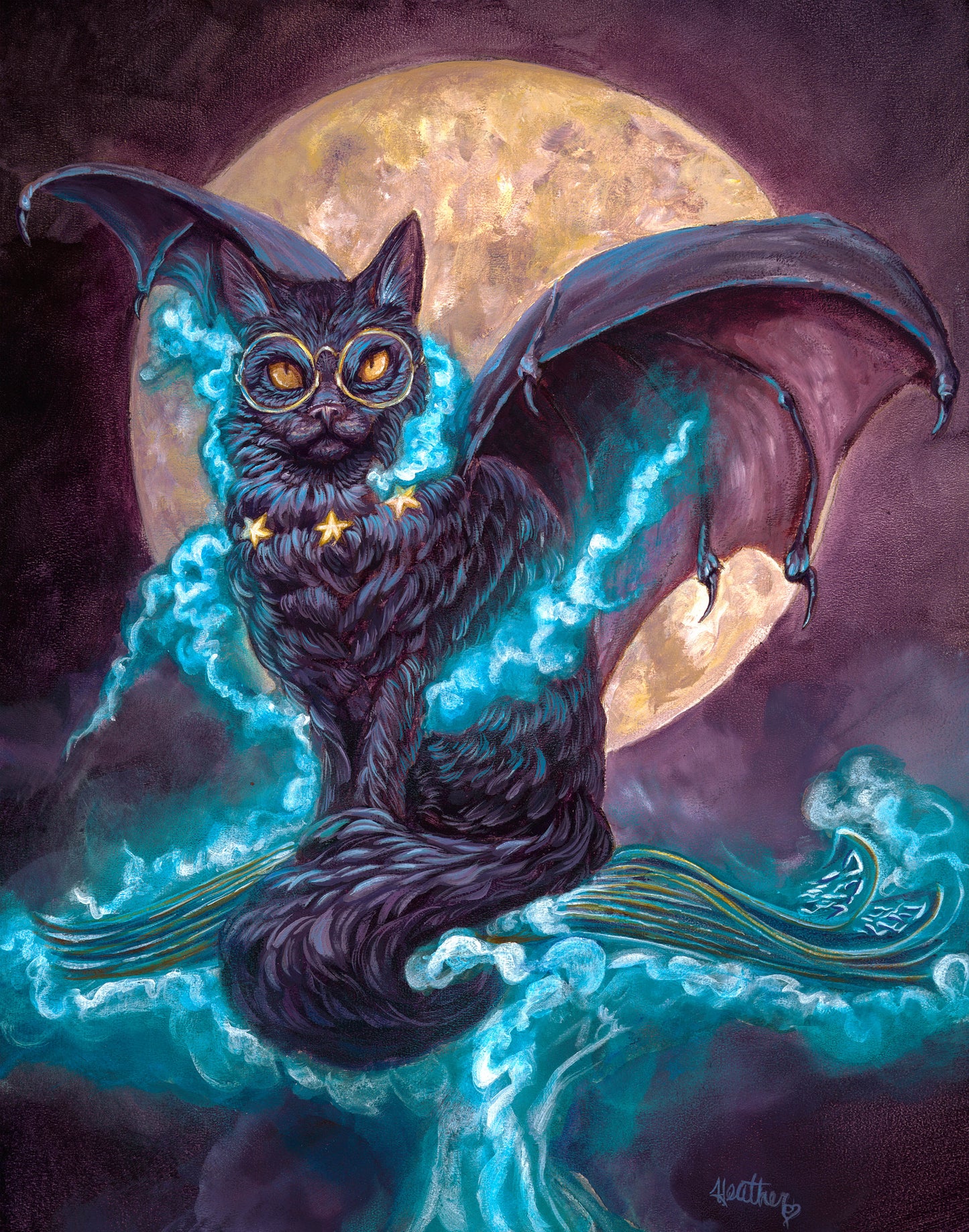 "Transfiguration Spell" - Original Acrylic Ink Painting, Witch Cat, Bat Wings, Magic, Halloween, 11x14