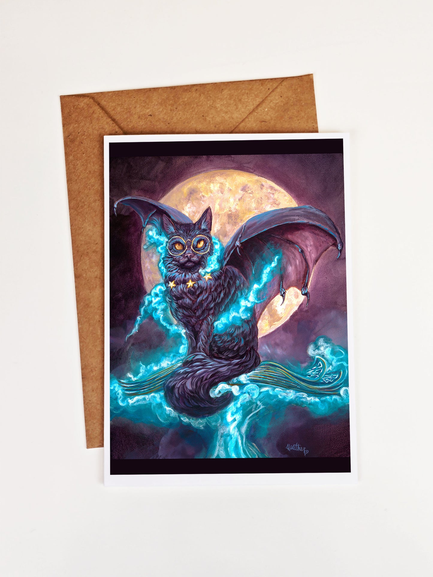 Fantasy Greeting Card. Witch Familiar. Witchcore.Spell Book.Pagan Art. Witchcore. Gothic style. Mabon.Halloween. Batwinged Cat. Dragonwing