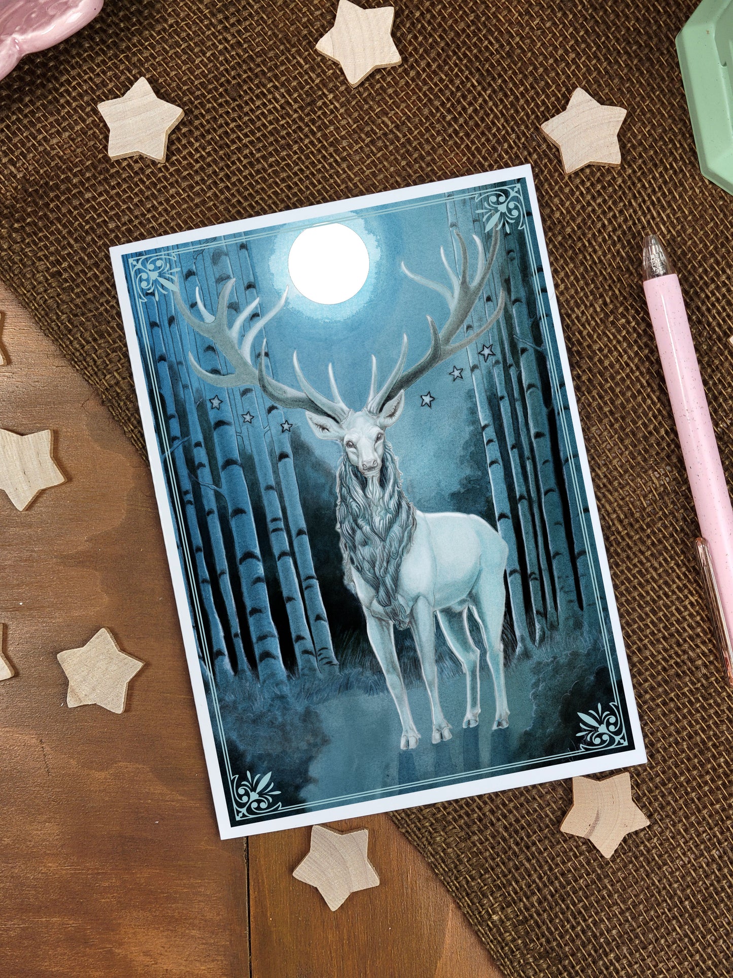 White Stag Greeting Card. White Hart. Mystic Moon Spirit Animal. Pagan Pen Pal. Goddess Diana. Fantasy Forest. Whimsical. Pagan Stationary