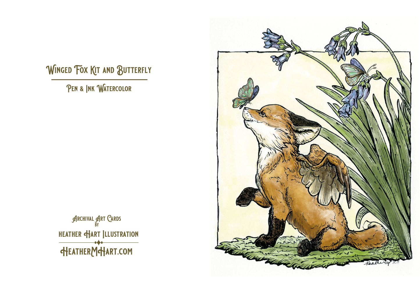 Winged Fox Kit & Butterfly Card - Spring Garden Scene, Fantasy Illustration, Archival 5x7 Greeting Card