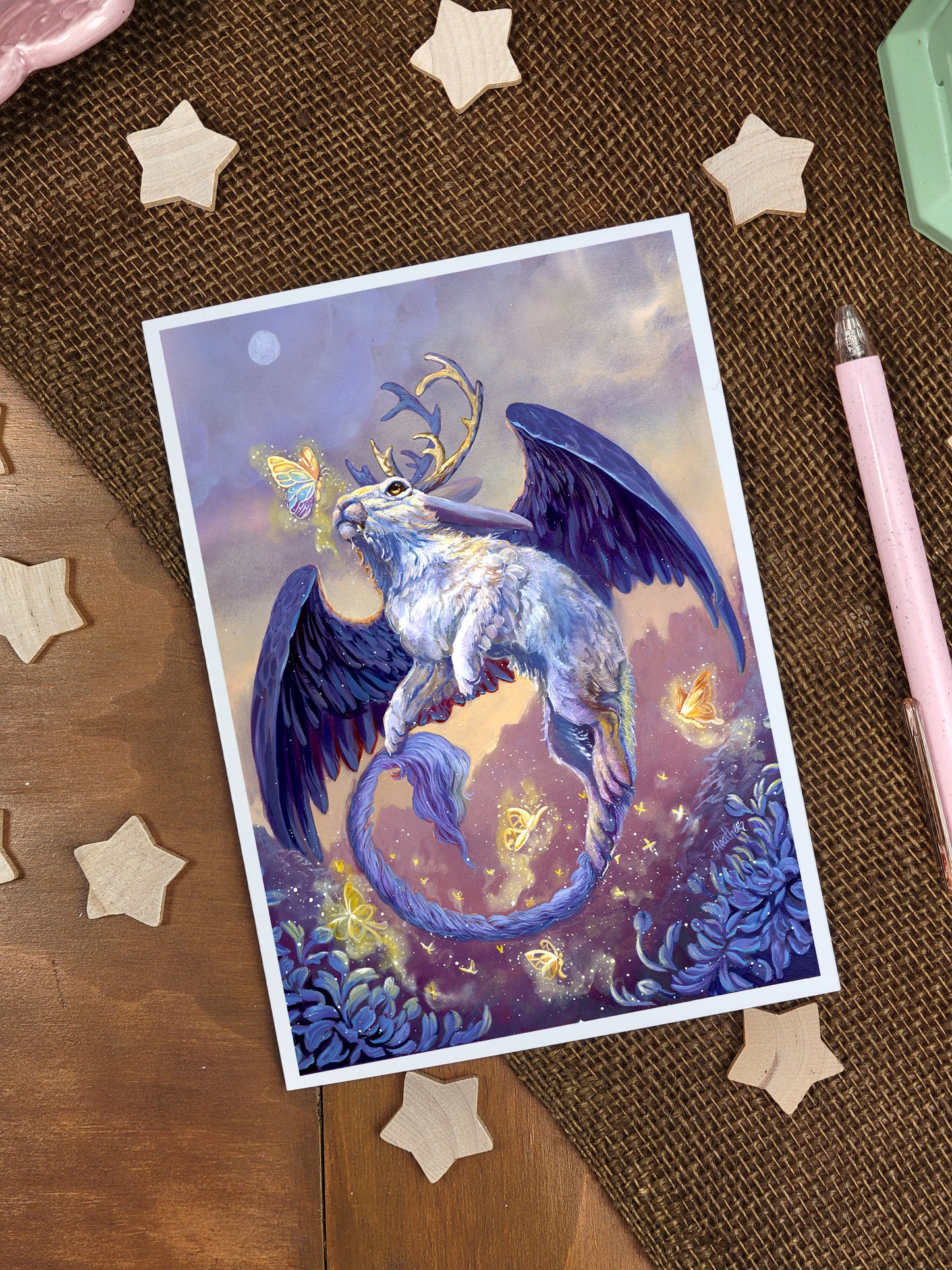 Fantasy Art Card-Wolpertinger-Blank Greeting Card-German Folk lore Mythology-Whimsical Winged Rabbit-Fantasy Creature Art-Mythical Creature