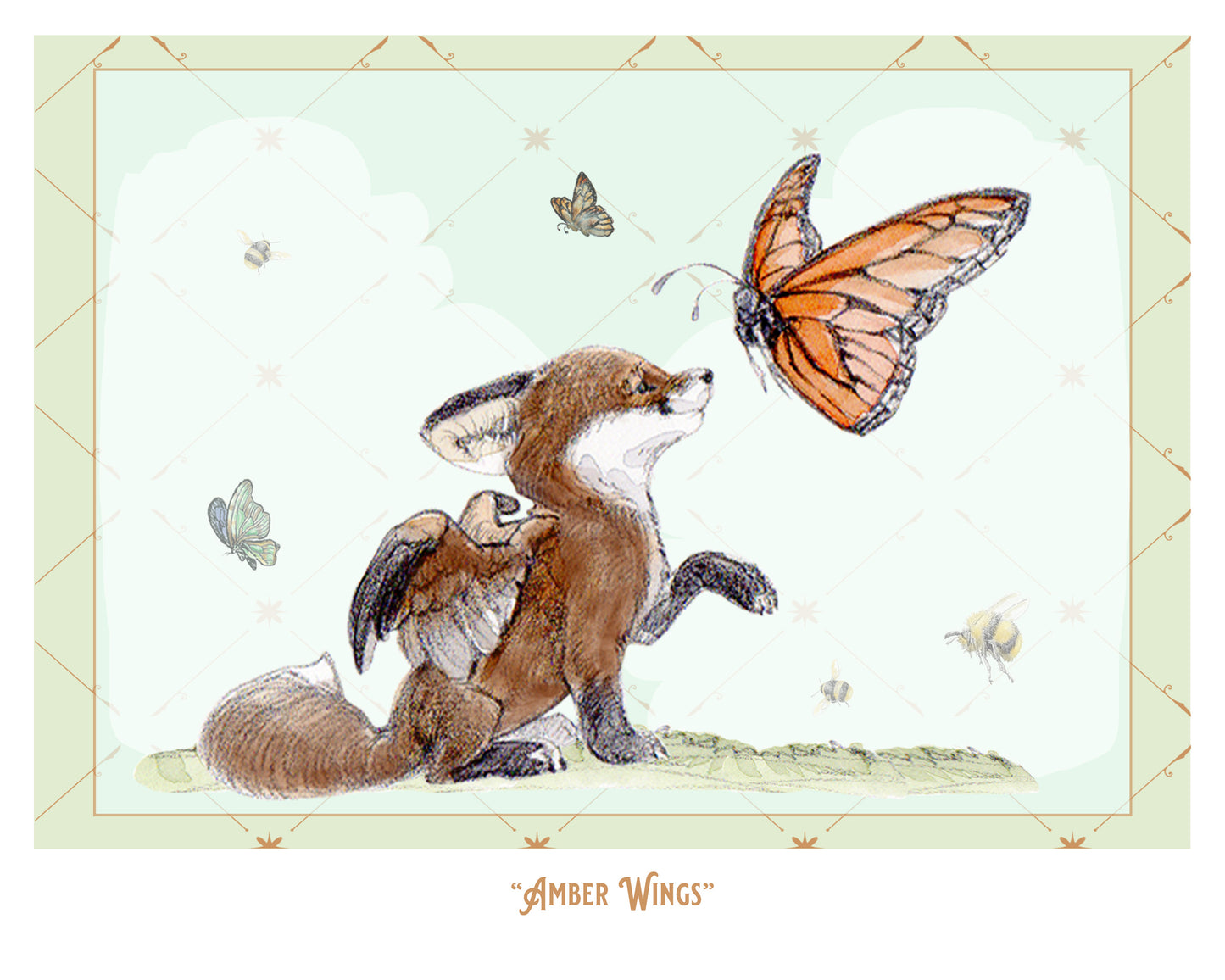 Winged Fox Art Print: Amber Wings with Monarch Butterfly (8x10)
